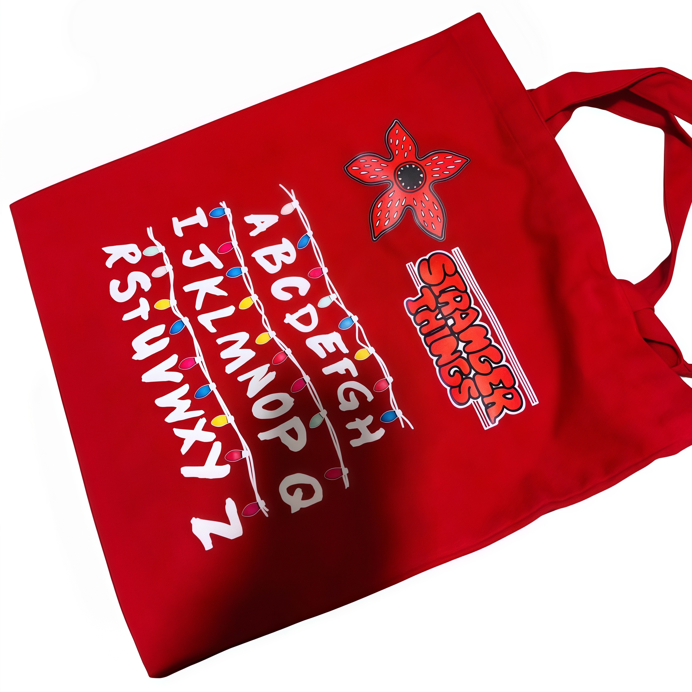 Retro Printed Red Canvas Tote Bag, Monster‑Flower & Alphabet String‑Light Graphic Handbag, Large Capacity Casual Travel Shopping Shoulder Tote for Daily Commute