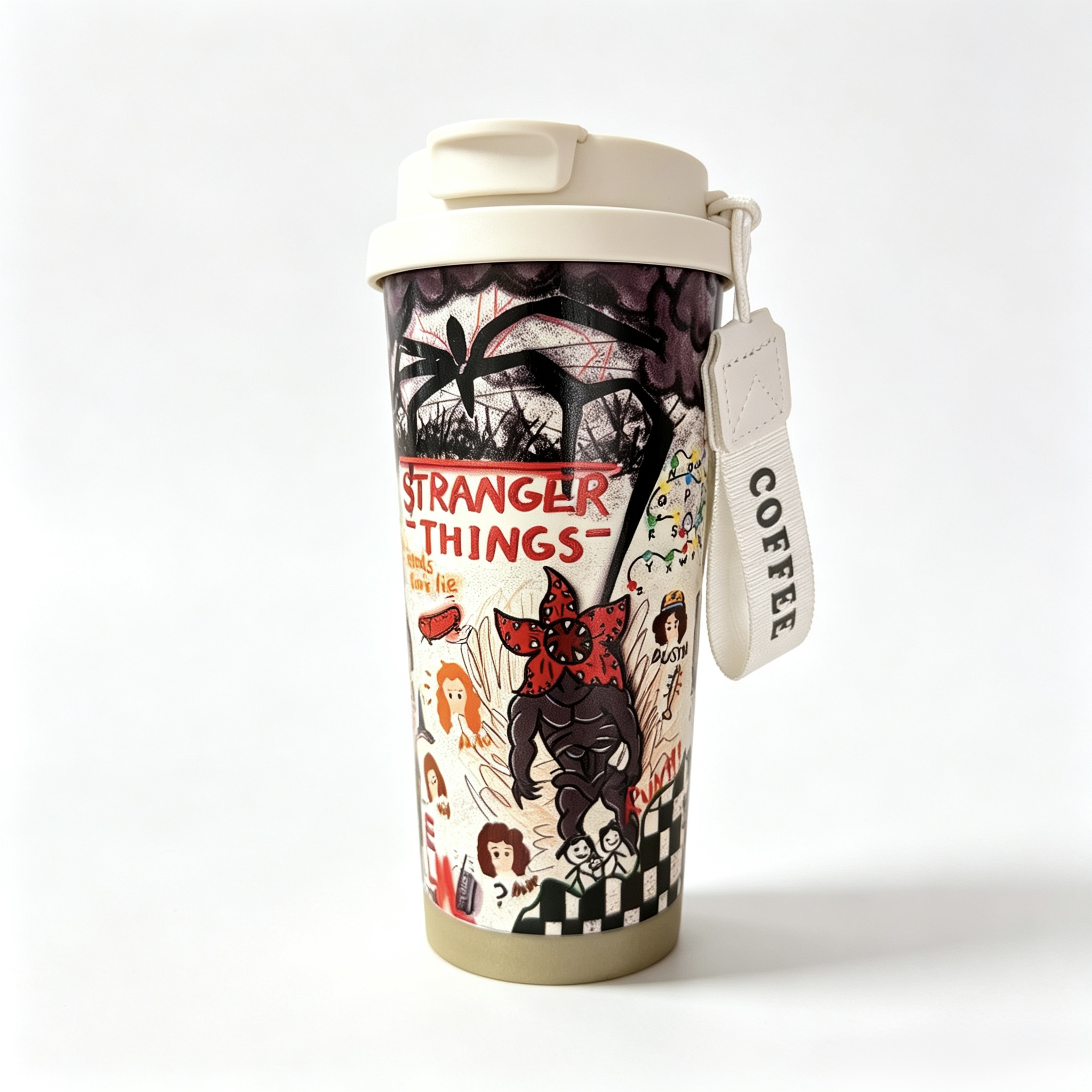 Stranger Things Retro Doodle 316 Stainless Steel Insulated Travel Mug, Leakproof Coffee Tumbler with Lanyard, Hot Cold Retention