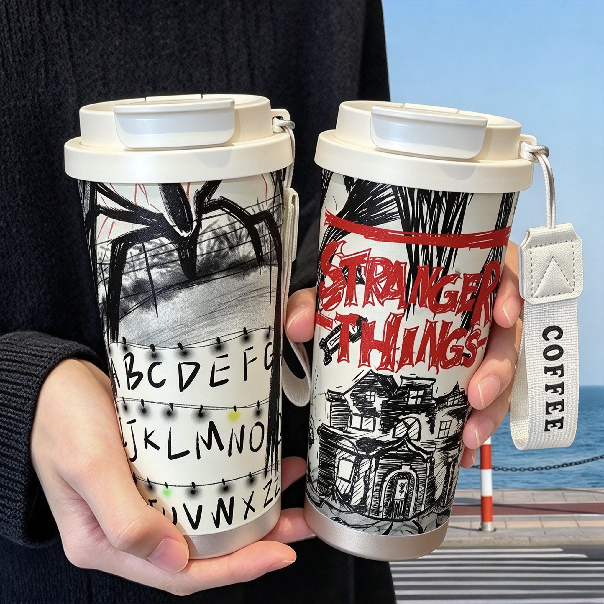 Stranger Things Retro Doodle 316 Stainless Steel Insulated Travel Mug, Leakproof Coffee Tumbler with Lanyard, Hot Cold Retention