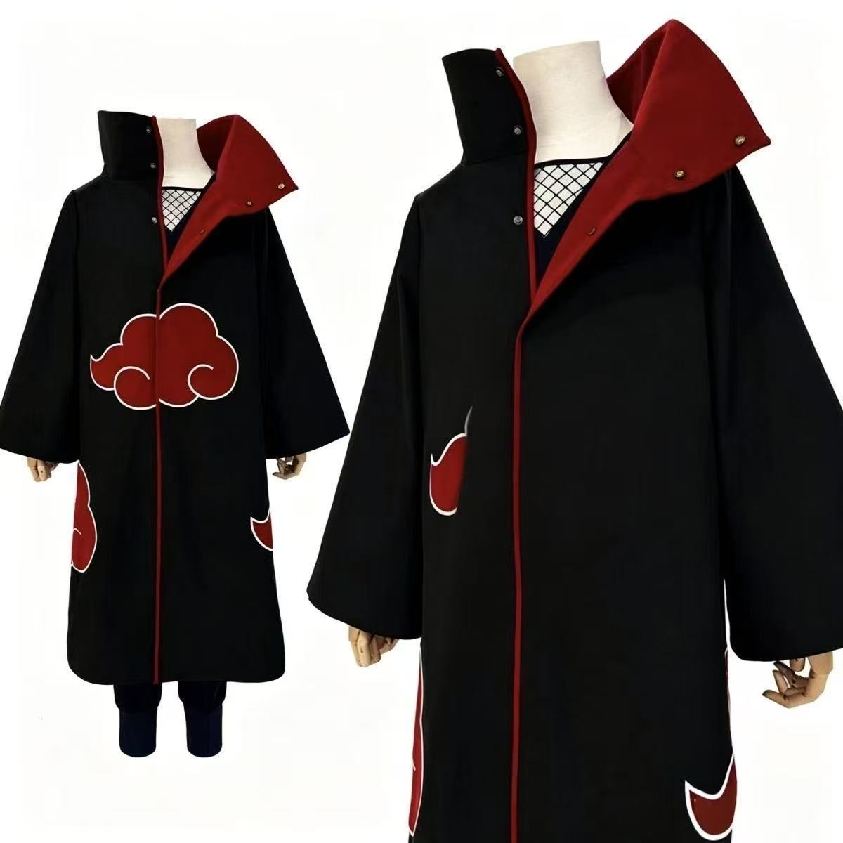 Naruto Tobi Uchiha Obito Cosplay Costume Set, Akatsuki Red Cloud Cloak + Obito Mask, Anime Ninja Outfit for Halloween Cosplay Party