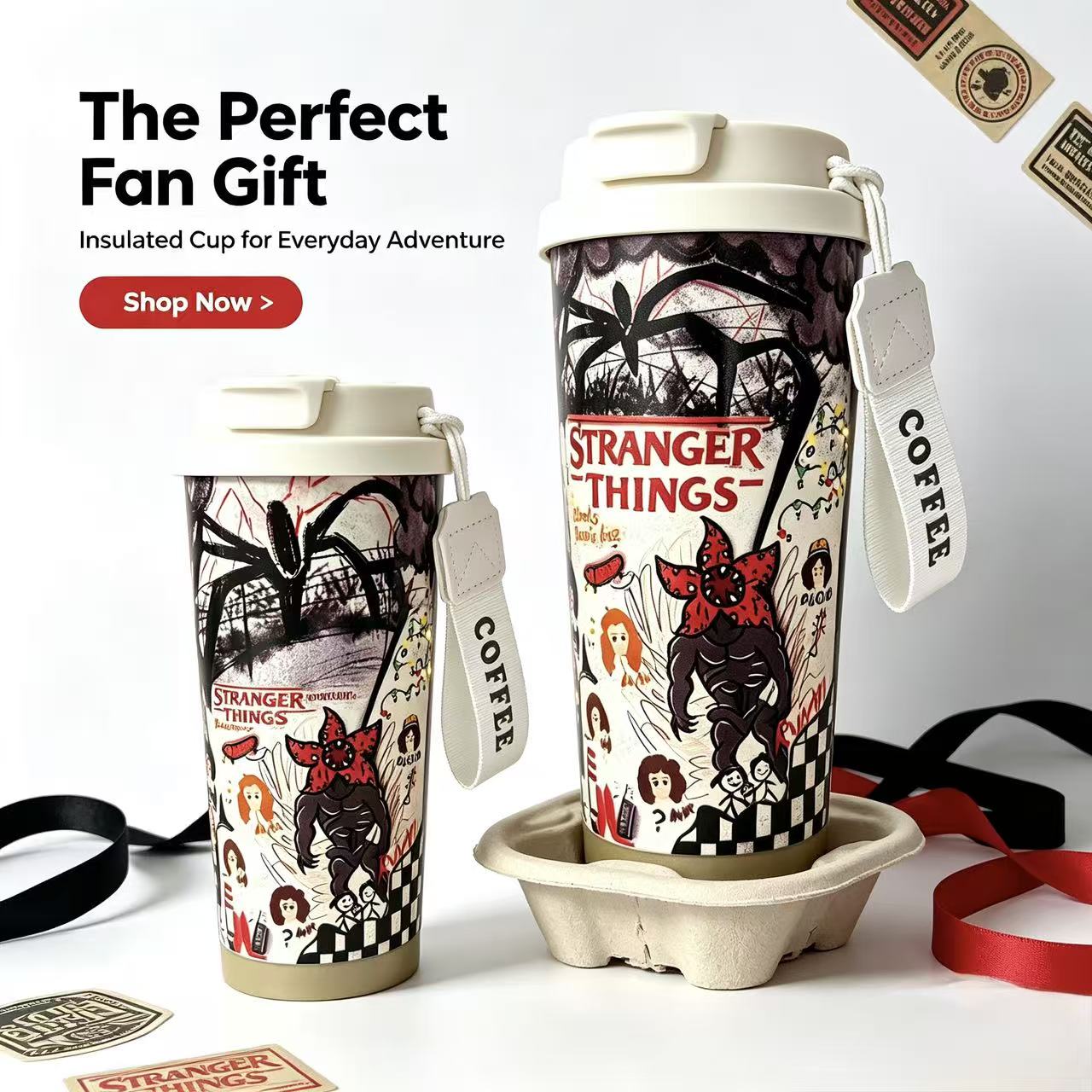 Stranger Things Retro Doodle 316 Stainless Steel Insulated Travel Mug, Leakproof Coffee Tumbler with Lanyard, Hot Cold Retention