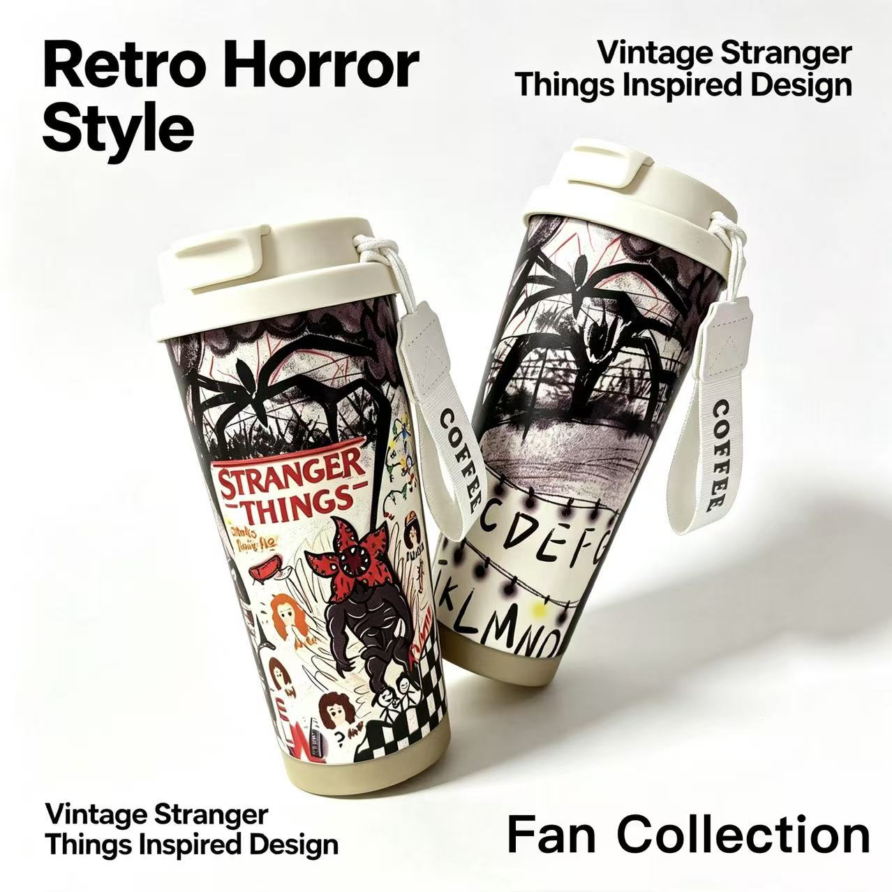 Stranger Things Retro Doodle 316 Stainless Steel Insulated Travel Mug, Leakproof Coffee Tumbler with Lanyard, Hot Cold Retention
