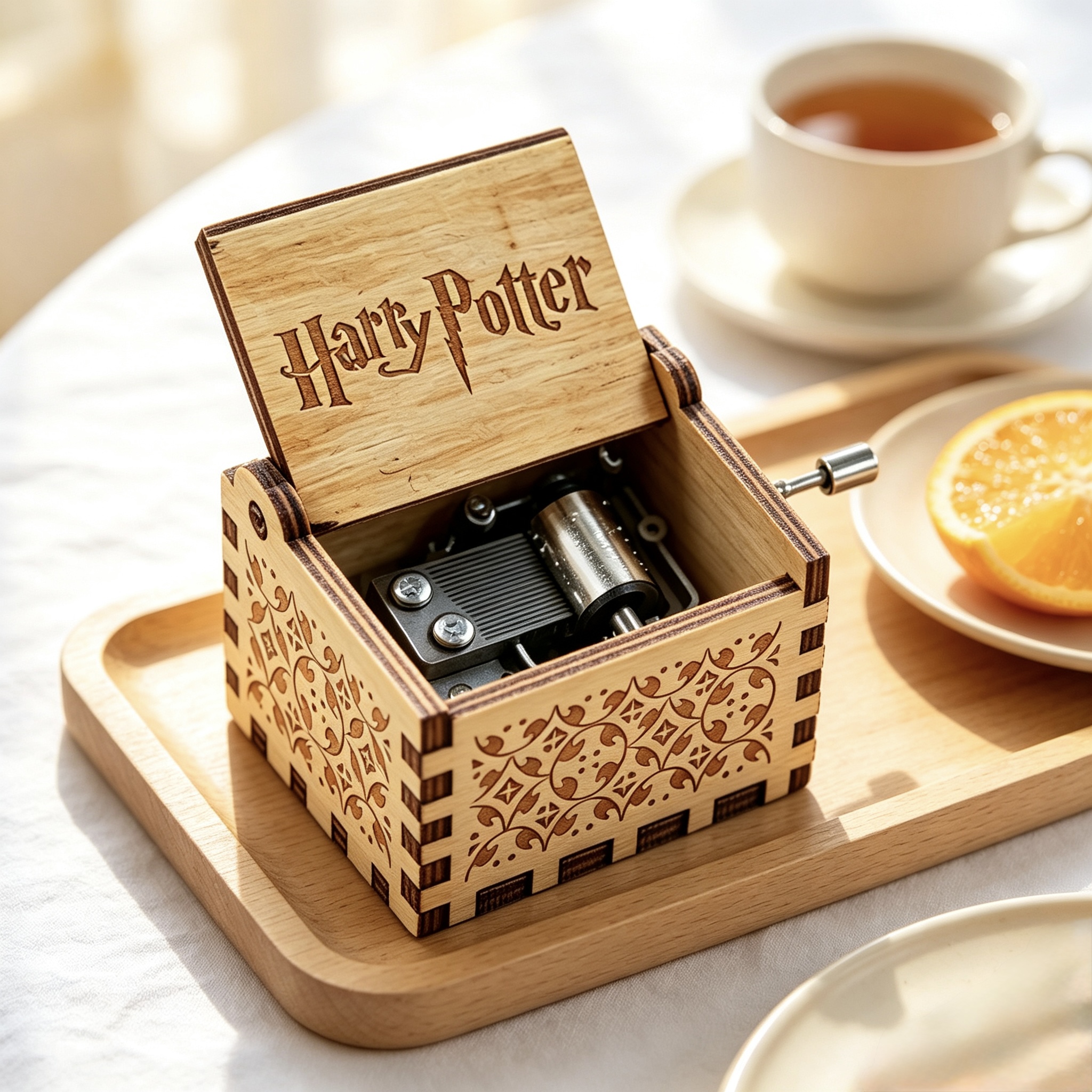 Harry Potter Hand Cranked Wooden Music Box, Classic Engraved Magical Themed Melody Box, Vintage Wood Musical Gift Box for Movie Fans Birthday Present