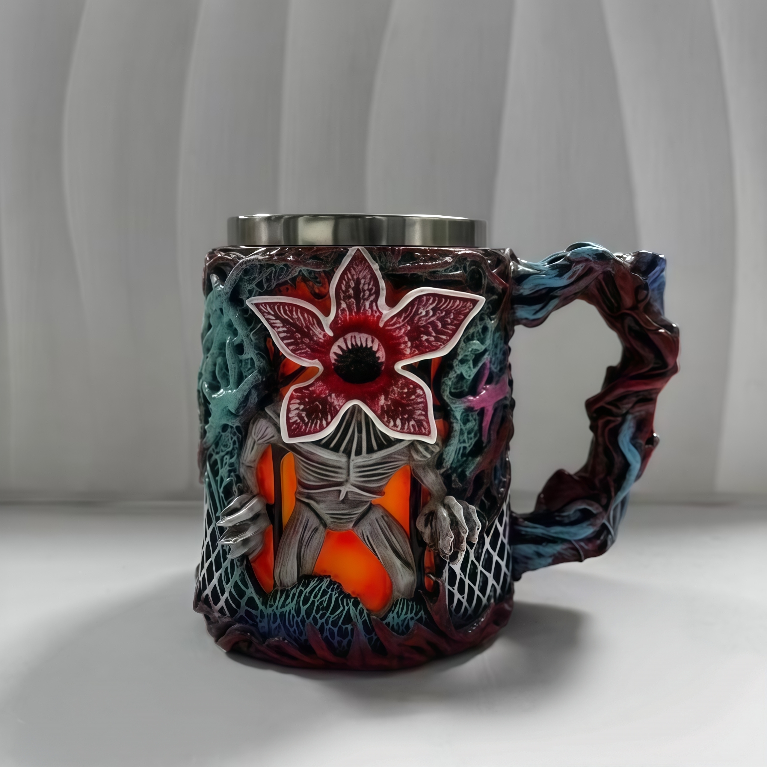 Stranger Things Themed 3D Embossed Coffee Mug Resin Shell Stainless Steel Liner Cup Home Decor Birthday Present for Fans