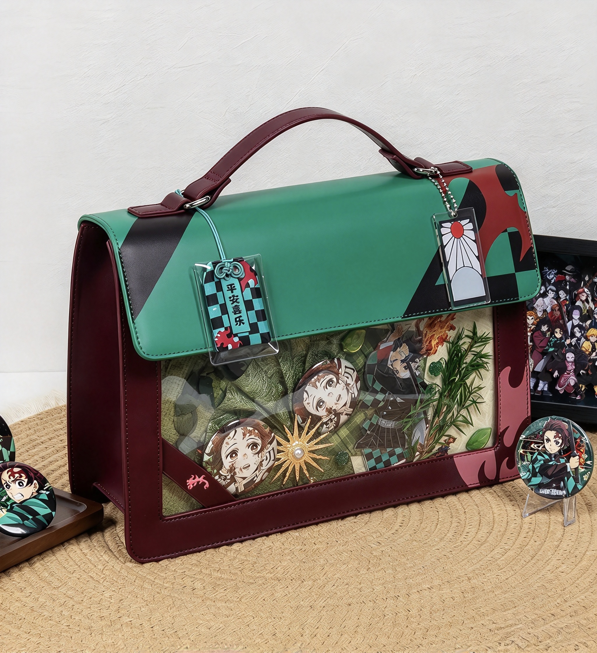 Demon Slayer Ita Bag 4 Styles Bundle, PU Leather Multi-purpose Itabag with Transparent Window, Handheld / Crossbody / Double Shoulder Bag, Anime Fans Collection Gift