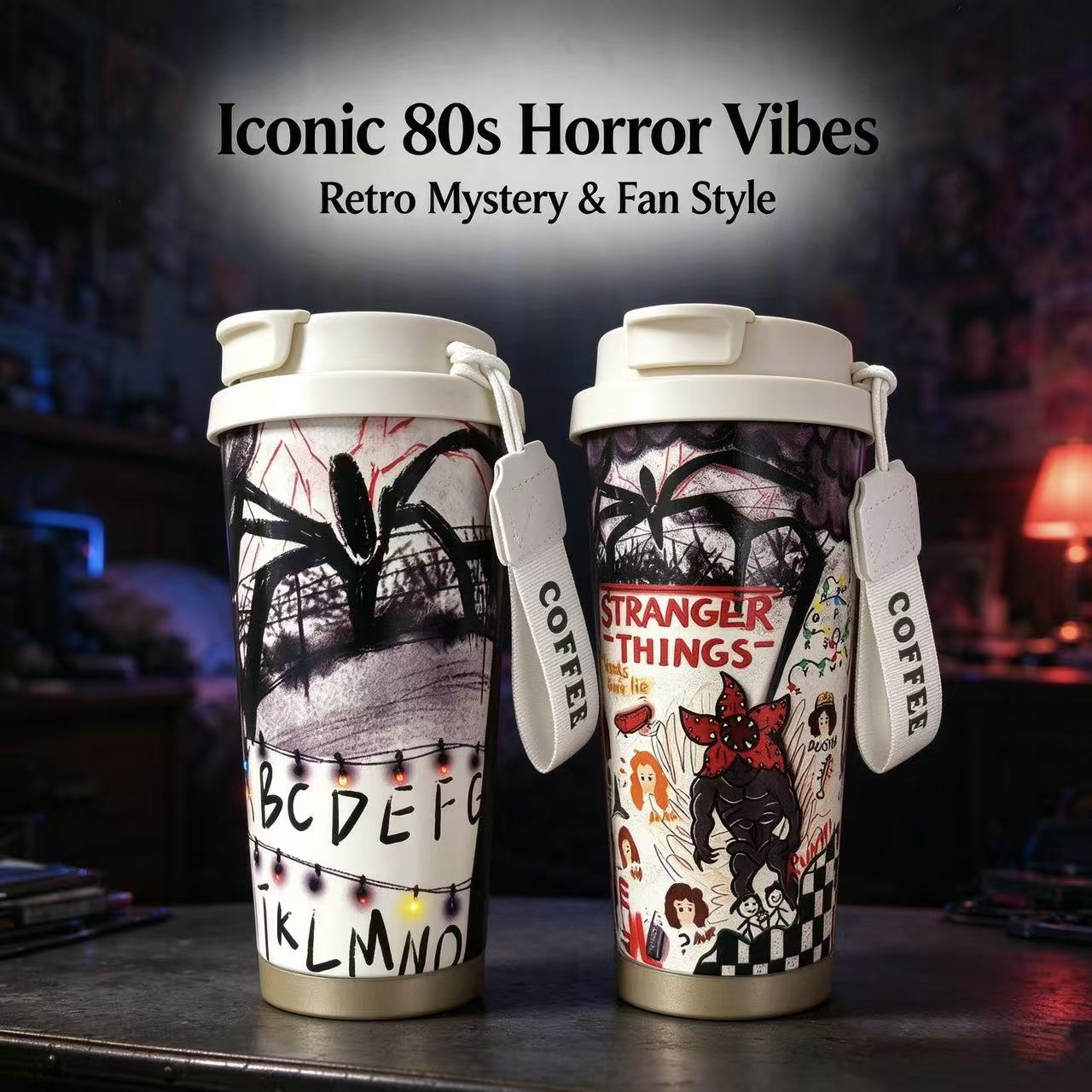 Stranger Things Retro Doodle 316 Stainless Steel Insulated Travel Mug, Leakproof Coffee Tumbler with Lanyard, Hot Cold Retention