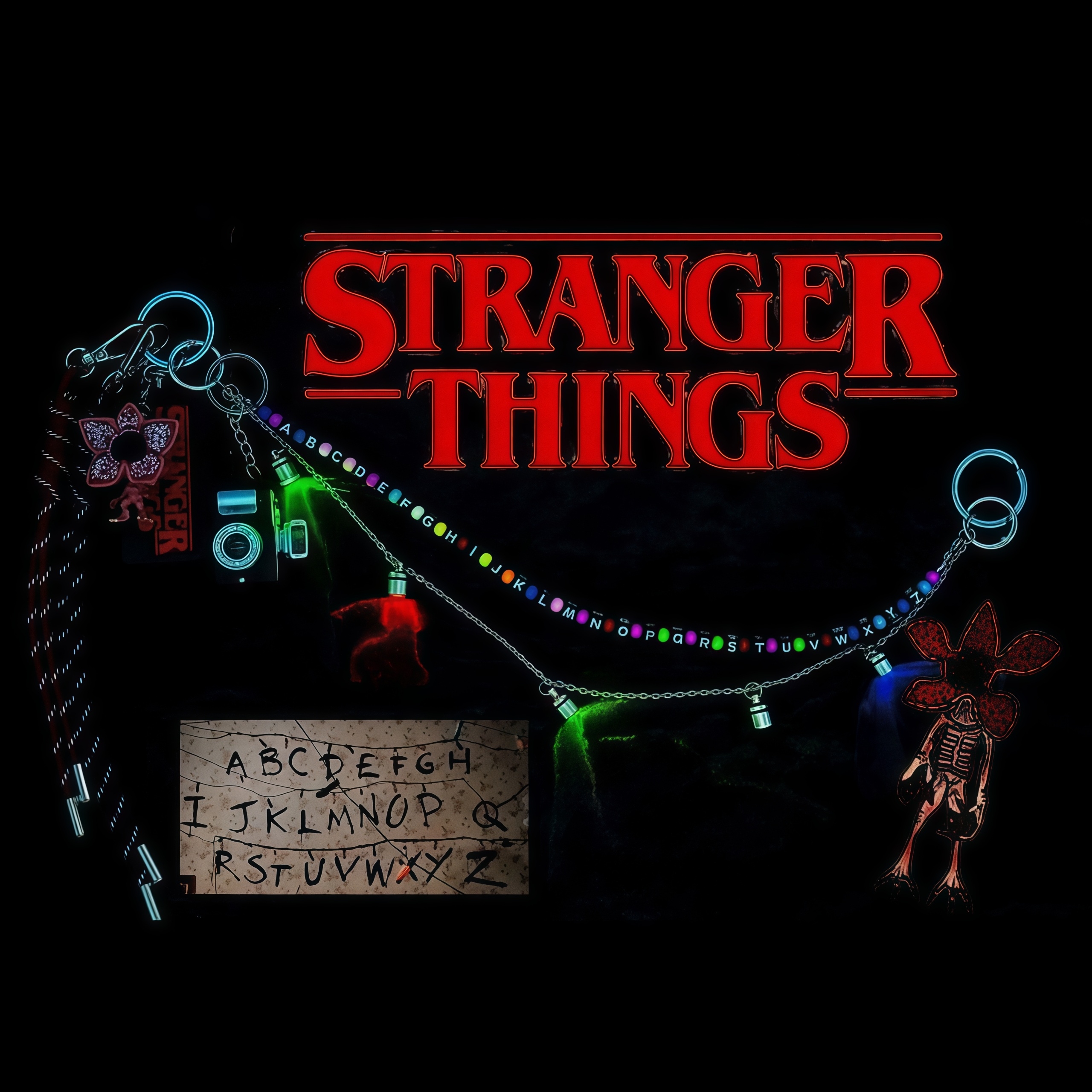 Stranger Things Bag Charm Keychain, Creative Metal Beaded Bag Pendant With Light‑Up Mini Flashlight, Demogorgon Figure Camera Accessory, Perfect Gift for TV Show Fans