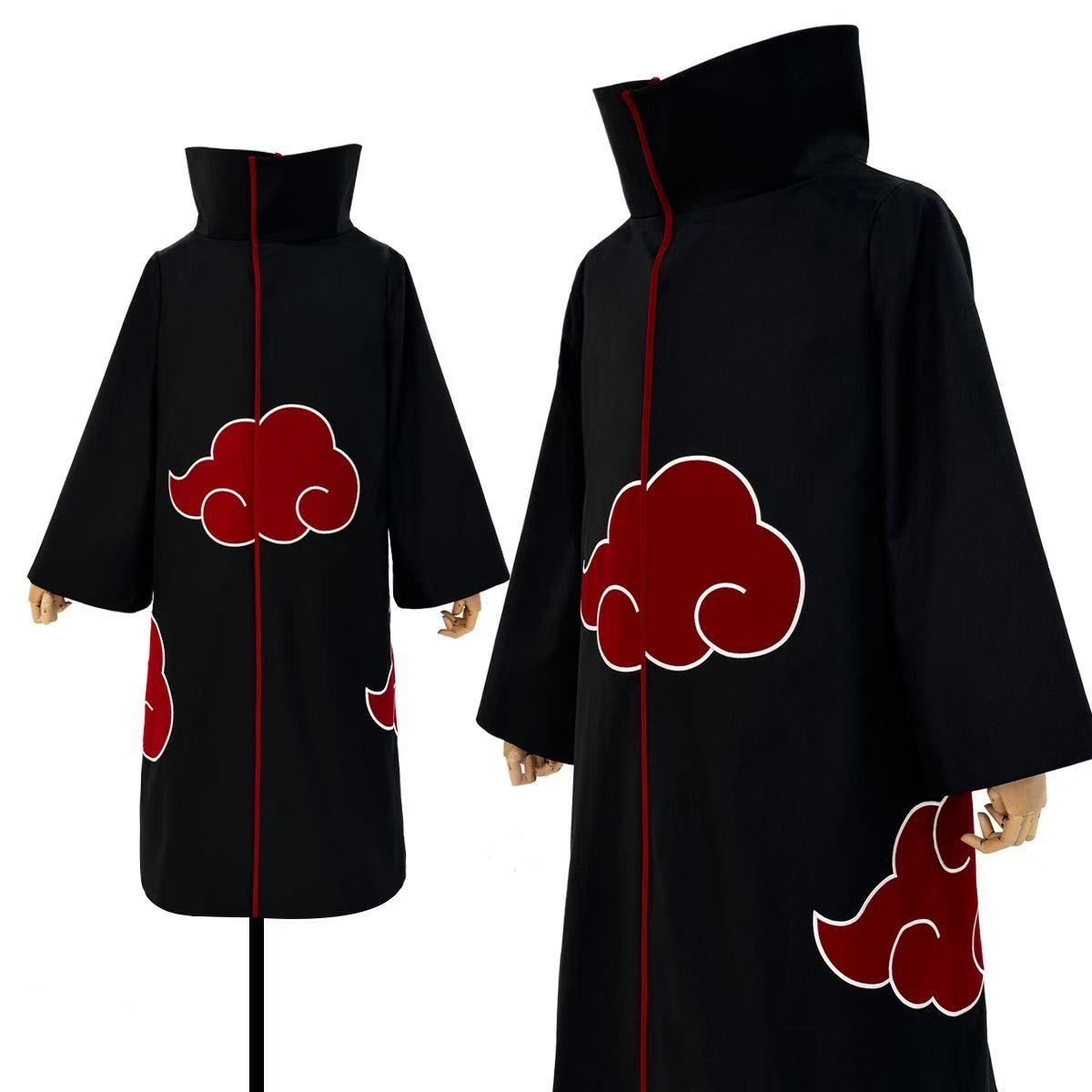 Naruto Tobi Uchiha Obito Cosplay Costume Set, Akatsuki Red Cloud Cloak + Obito Mask, Anime Ninja Outfit for Halloween Cosplay Party