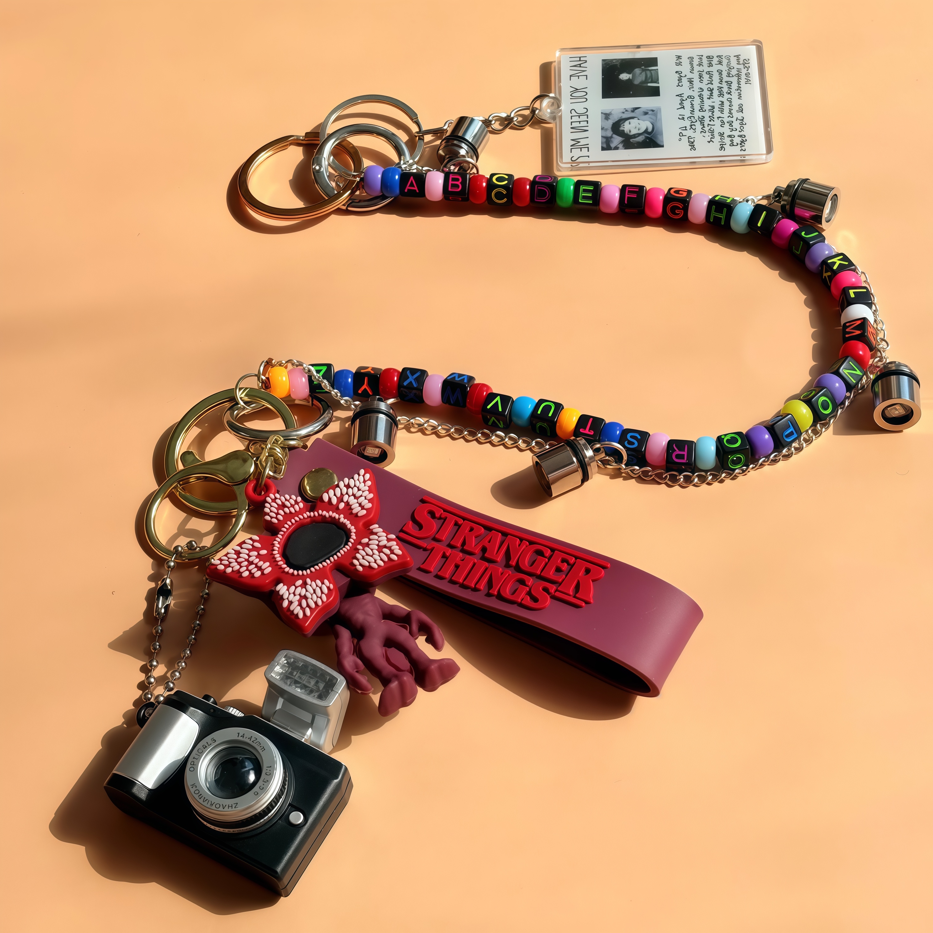 Stranger Things Bag Charm Keychain, Creative Metal Beaded Bag Pendant With Light‑Up Mini Flashlight, Demogorgon Figure Camera Accessory, Perfect Gift for TV Show Fans