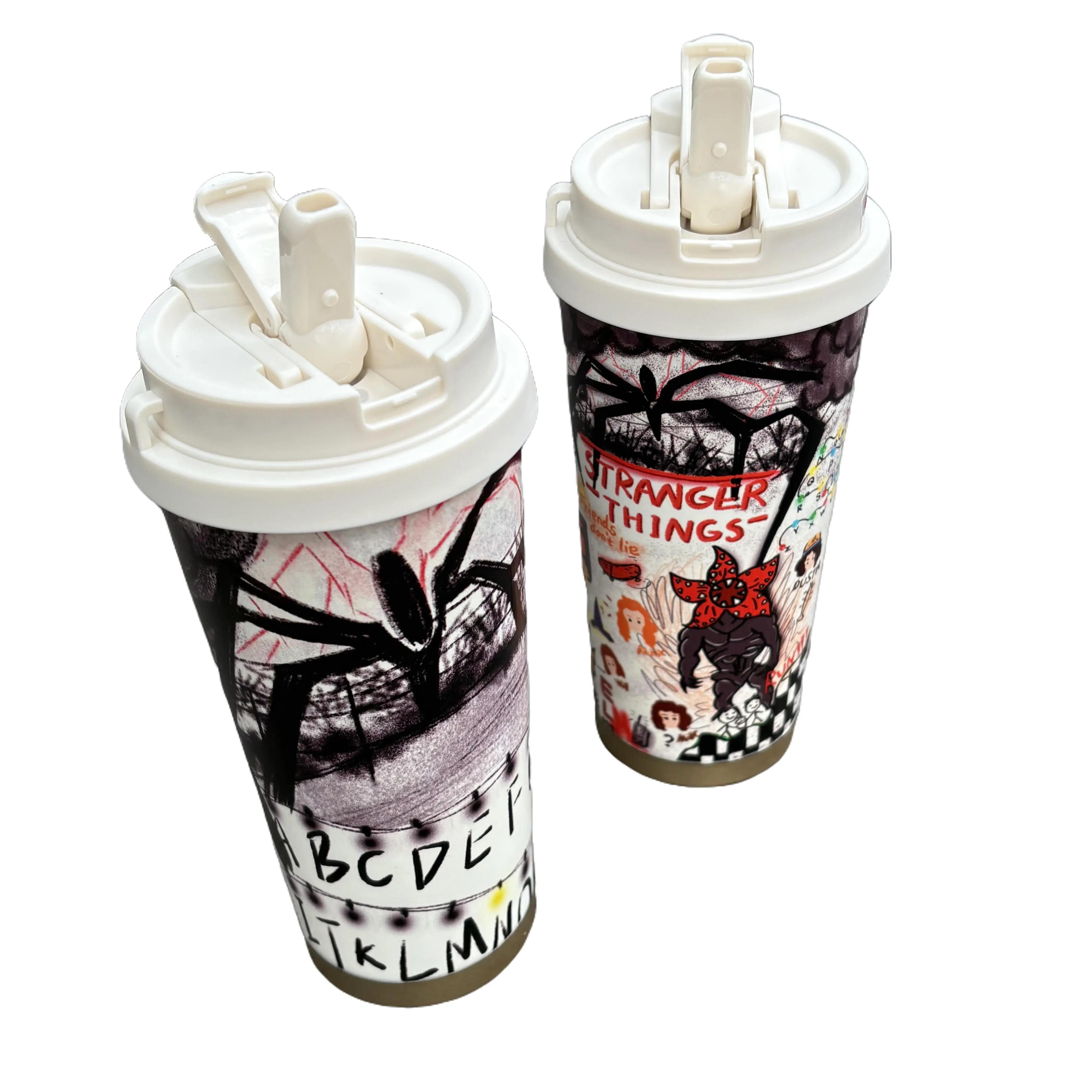 Stranger Things Graffiti Thermos Cup Stainless Steel Straw Double Wall Insulated Large Capacity Coffee Water Mug High Value Bottles Drink