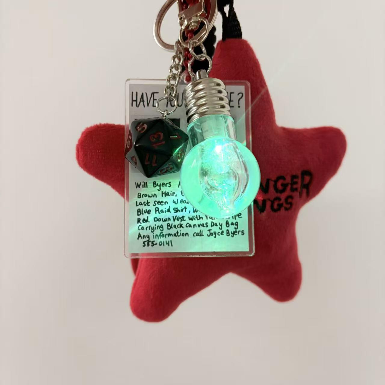 Stranger Things Plush Keychain, Demogorgon Star Flower Bag Charm With Glowing Light Bulb, D&D Dice & Will Byers Missing Card, Horror TV Show Merch Gift for Fans