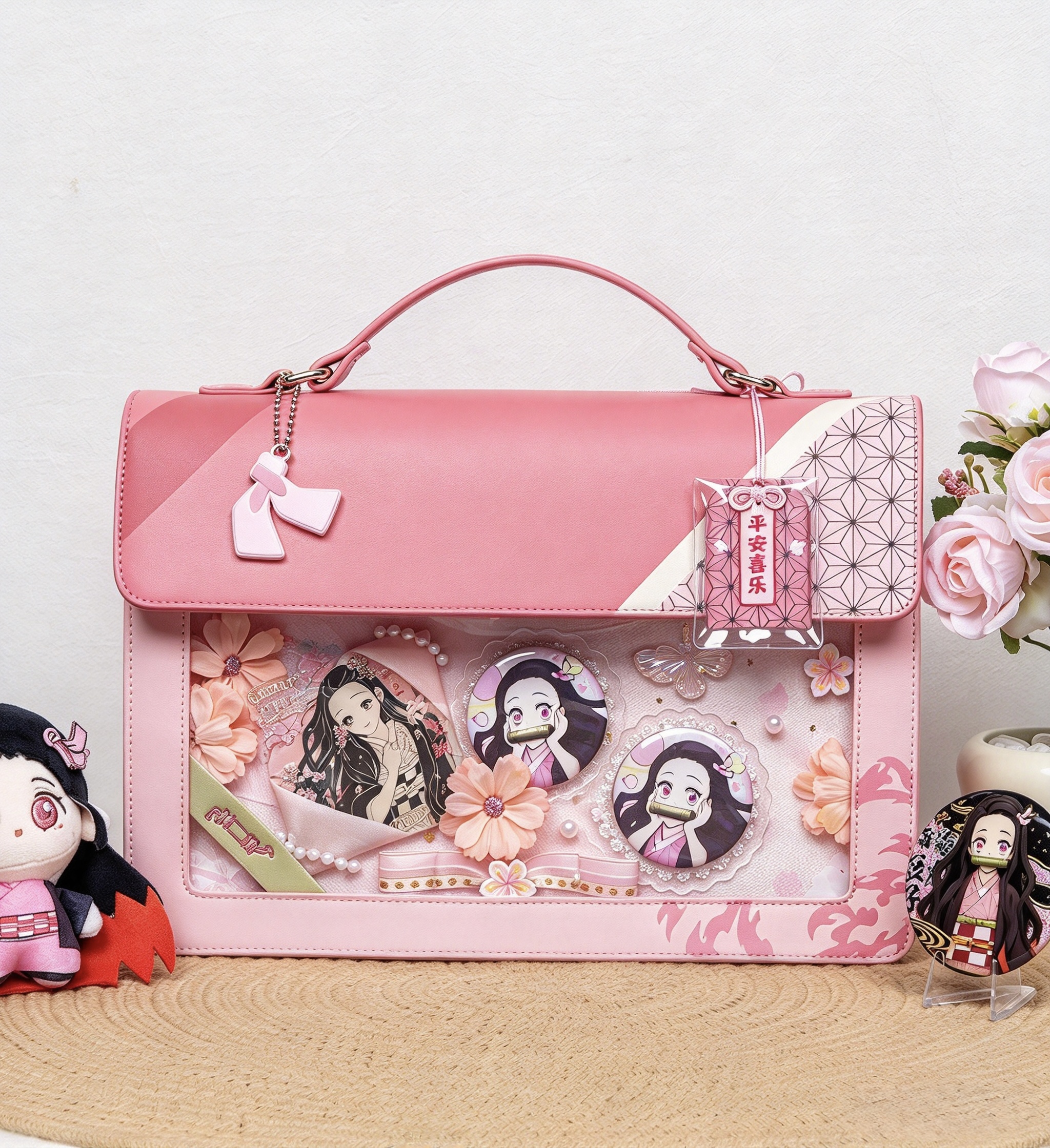 Demon Slayer Ita Bag 4 Styles Bundle, PU Leather Multi-purpose Itabag with Transparent Window, Handheld / Crossbody / Double Shoulder Bag, Anime Fans Collection Gift
