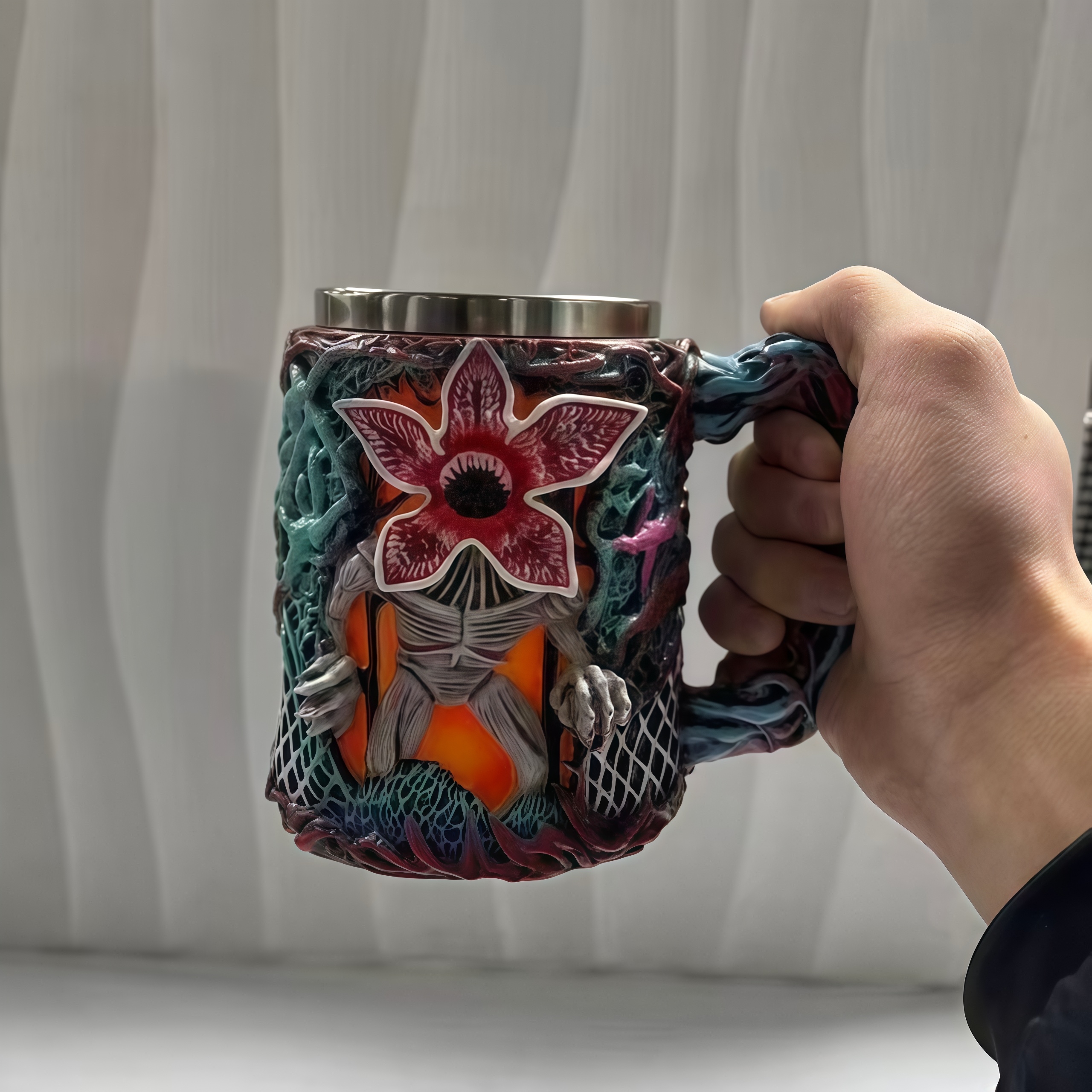 Stranger Things Themed 3D Embossed Coffee Mug Resin Shell Stainless Steel Liner Cup Home Decor Birthday Present for Fans