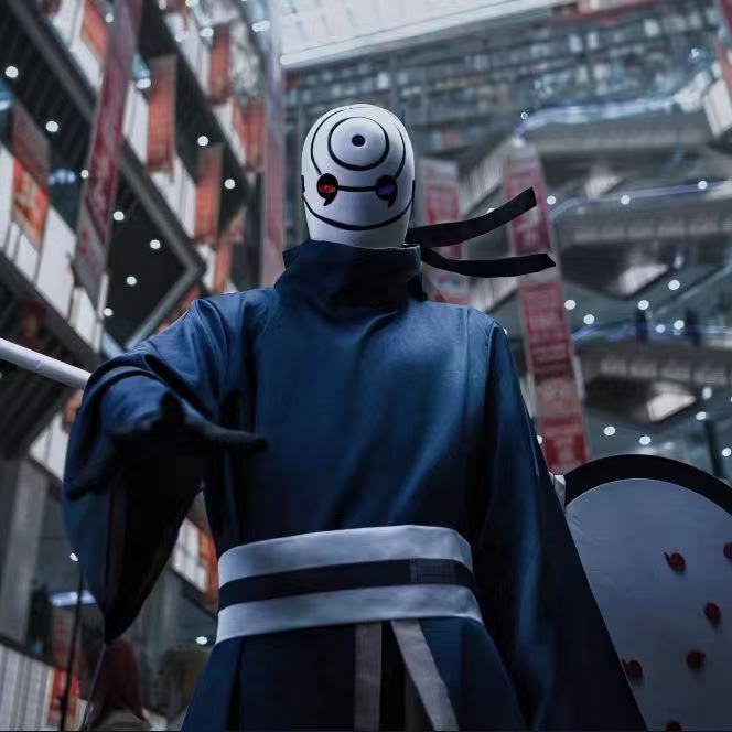 Naruto Tobi Uchiha Obito Cosplay Costume Set, Akatsuki Red Cloud Cloak + Obito Mask, Anime Ninja Outfit for Halloween Cosplay Party