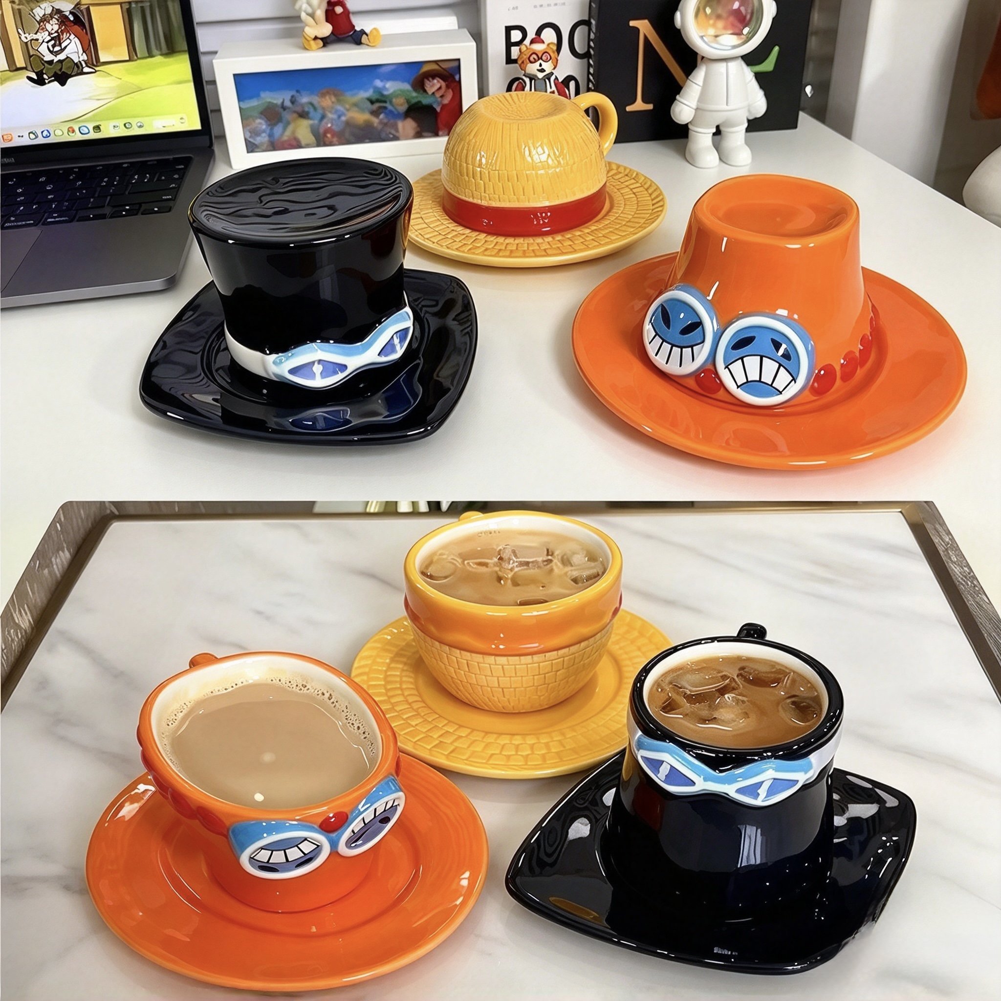 One Piece 3D Sculpted Ceramic Mug with Saucer, Luffy Chopper Ace Anime Shaped Coffee Cup, Unique Collectible Gift for One Piece Fans