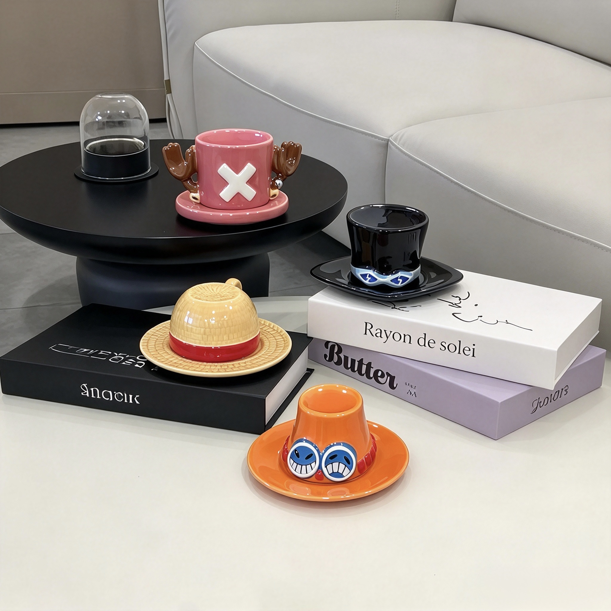 One Piece 3D Sculpted Ceramic Mug with Saucer, Luffy Chopper Ace Anime Shaped Coffee Cup, Unique Collectible Gift for One Piece Fans