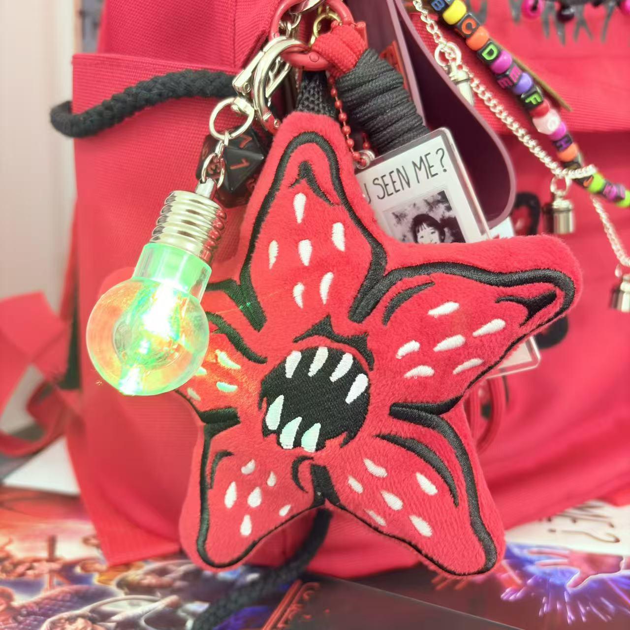 Stranger Things Plush Keychain, Demogorgon Star Flower Bag Charm With Glowing Light Bulb, D&D Dice & Will Byers Missing Card, Horror TV Show Merch Gift for Fans