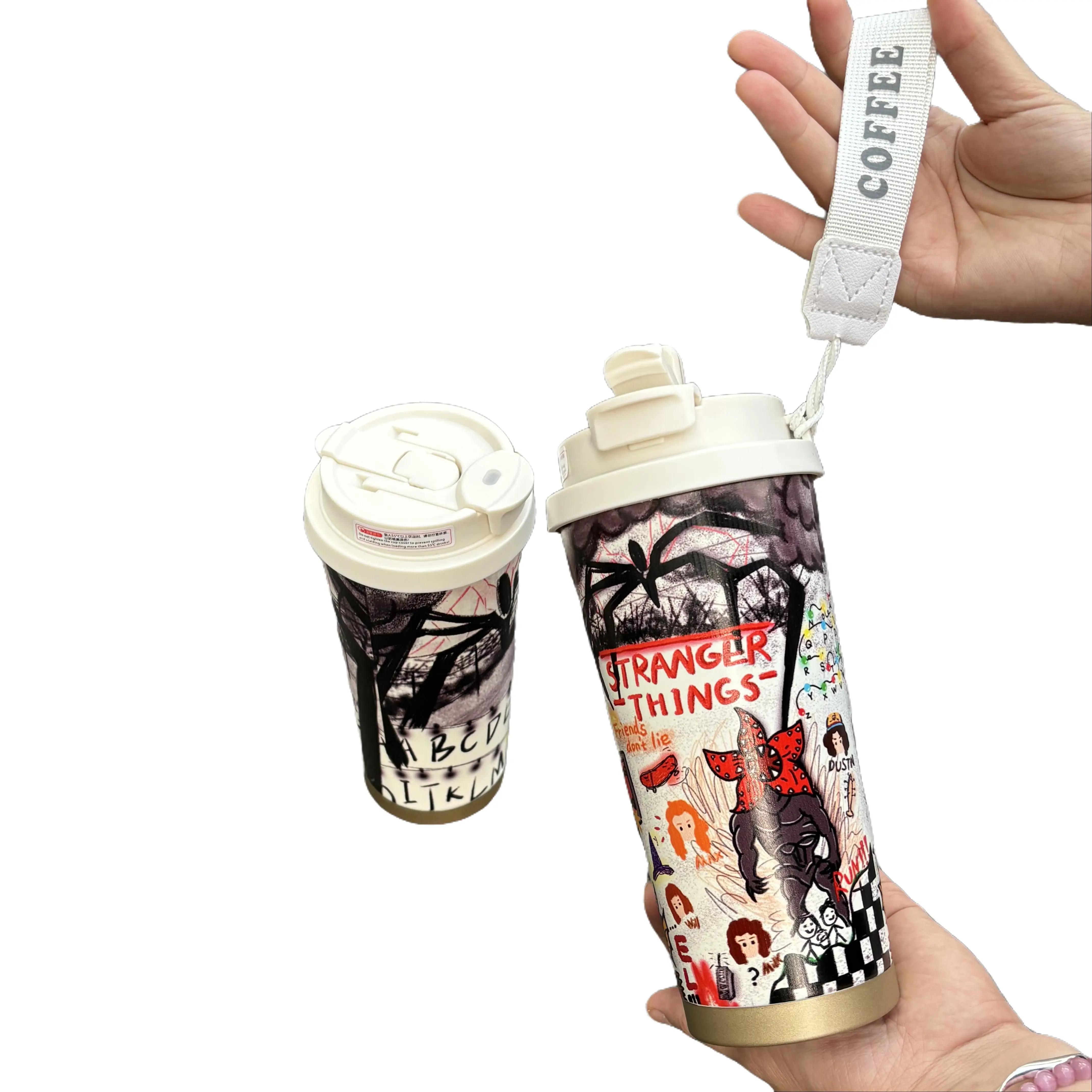 Stranger Things Graffiti Thermos Cup Stainless Steel Straw Double Wall Insulated Large Capacity Coffee Water Mug High Value Bottles Drink