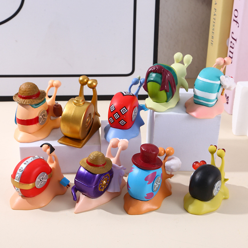 One Piece Figures Anime Snail Collection 9 Unique Snail Figurines for Collectors Desktop Ornaments Playful Anime Themed Decor