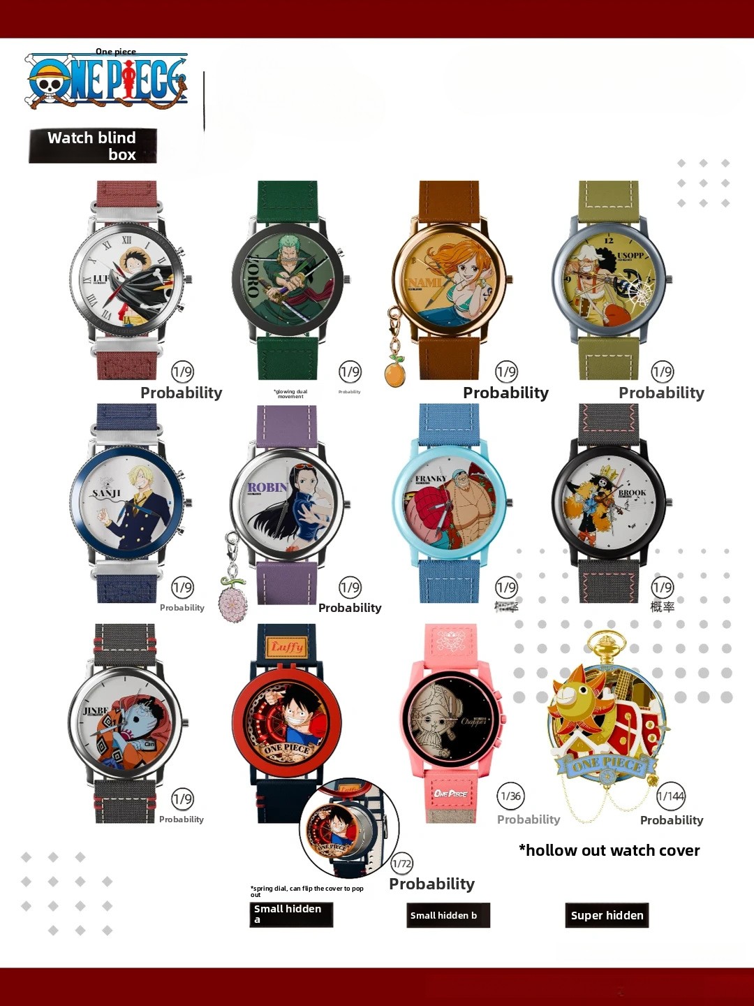 One Piece blind box watch anime two-dimensional characters Luffy, Zoro, Sanji, Nami wristwatch blind box