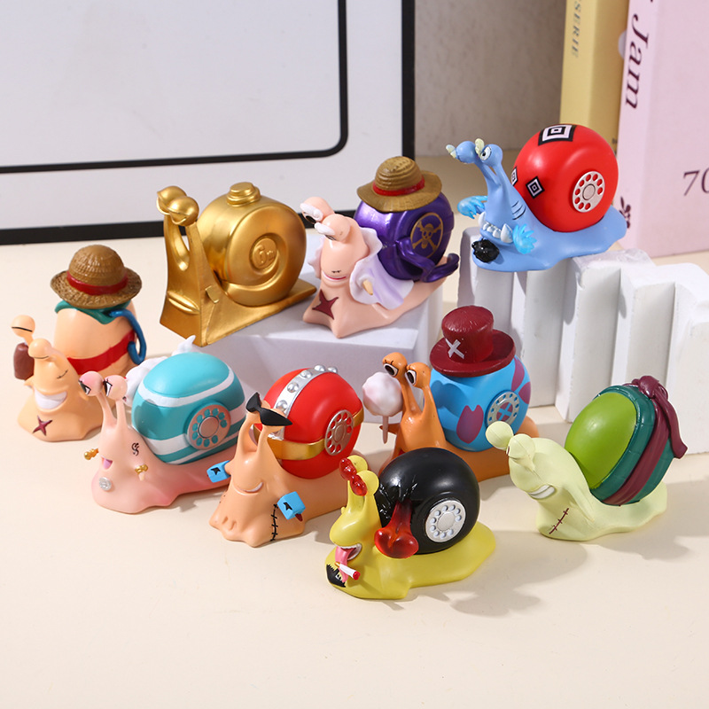 One Piece Figures Anime Snail Collection 9 Unique Snail Figurines for Collectors Desktop Ornaments Playful Anime Themed Decor