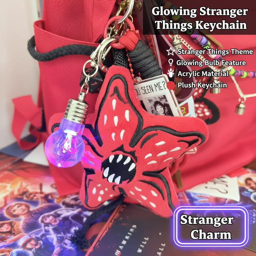 Stranger Things Plush Keychain, Demogorgon Star Flower Bag Charm With Glowing Light Bulb, D&D Dice & Will Byers Missing Card, Horror TV Show Merch Gift for Fans