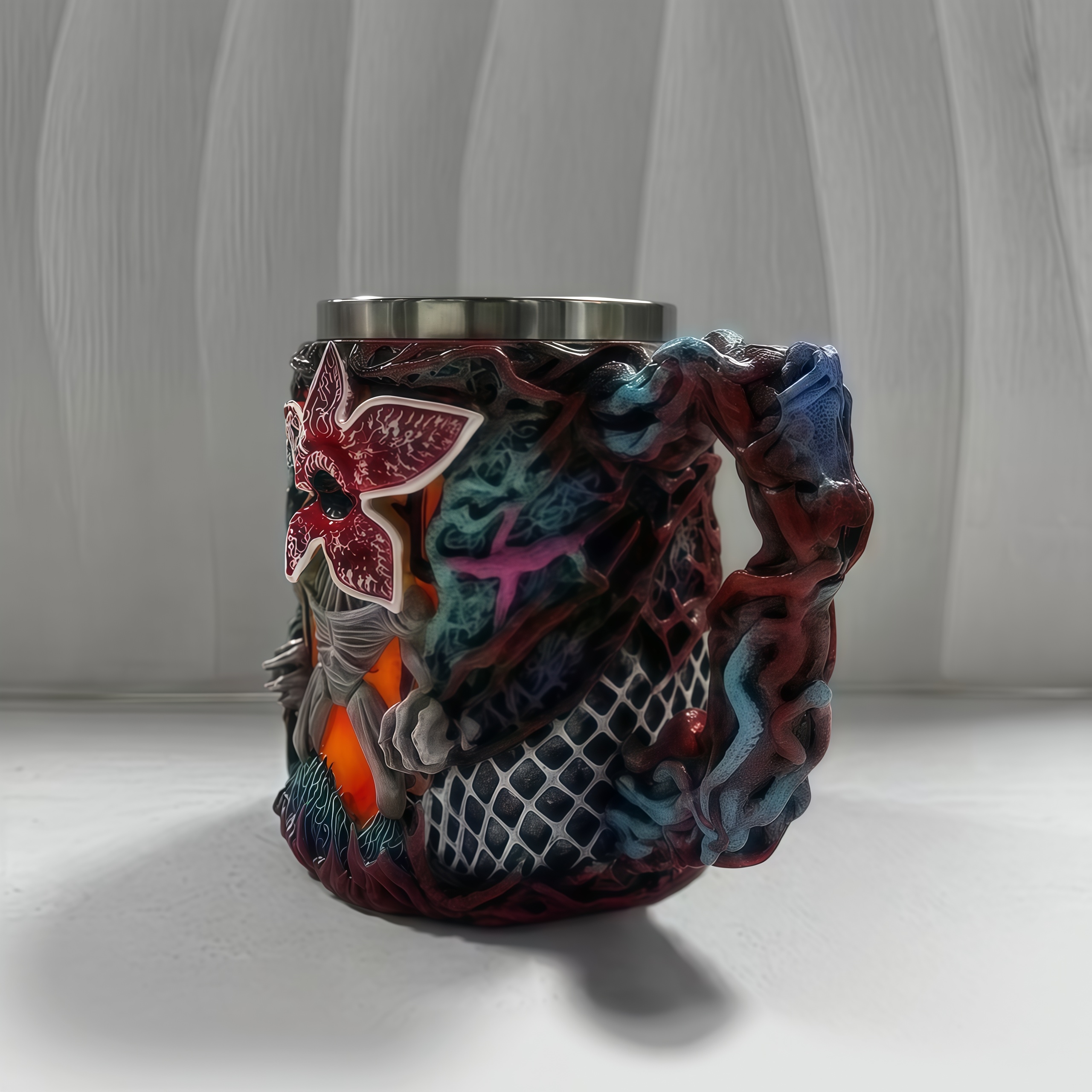 Stranger Things Themed 3D Embossed Coffee Mug Resin Shell Stainless Steel Liner Cup Home Decor Birthday Present for Fans