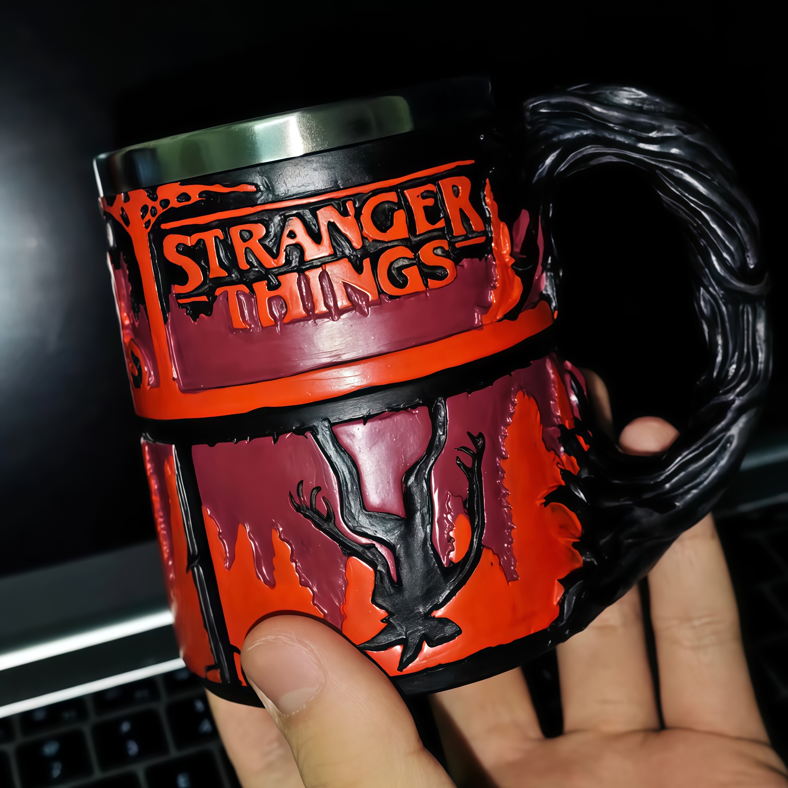 Stranger Things Themed 3D Embossed Coffee Mug Resin Shell Stainless Steel Liner Cup Home Decor Birthday Present for Fans