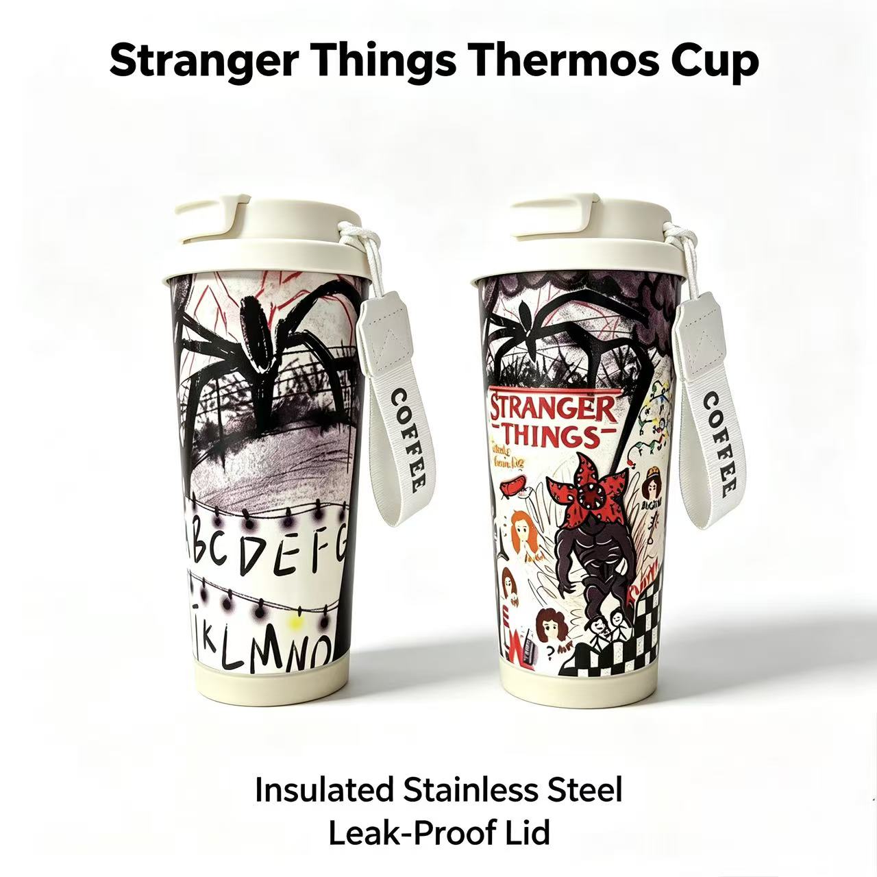 Stranger Things Retro Doodle 316 Stainless Steel Insulated Travel Mug, Leakproof Coffee Tumbler with Lanyard, Hot Cold Retention