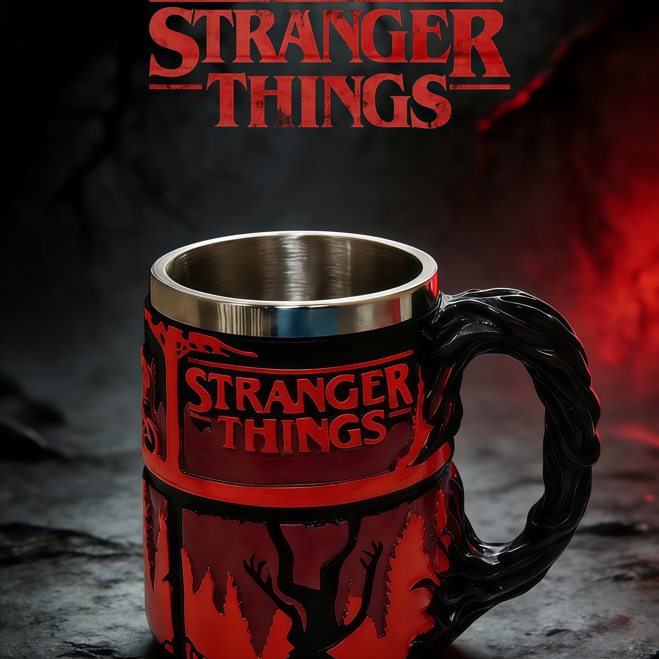 Stranger Things Themed 3D Embossed Coffee Mug Resin Shell Stainless Steel Liner Cup Home Decor Birthday Present for Fans