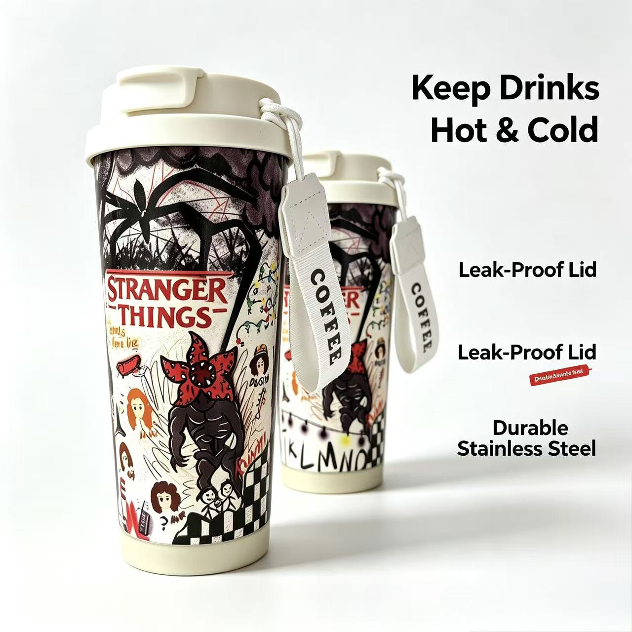 Stranger Things Retro Doodle 316 Stainless Steel Insulated Travel Mug, Leakproof Coffee Tumbler with Lanyard, Hot Cold Retention