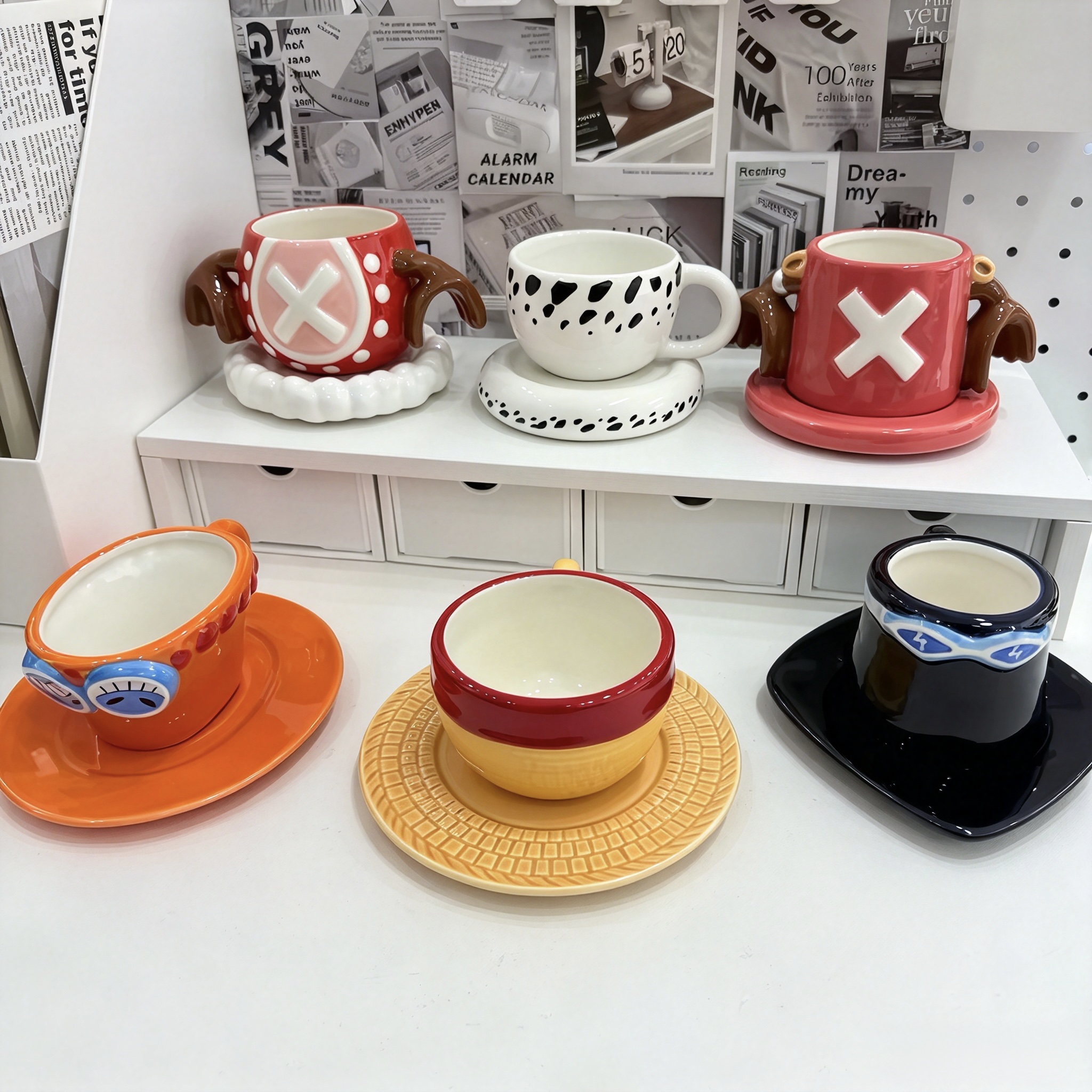 One Piece 3D Sculpted Ceramic Mug with Saucer, Luffy Chopper Ace Anime Shaped Coffee Cup, Unique Collectible Gift for One Piece Fans