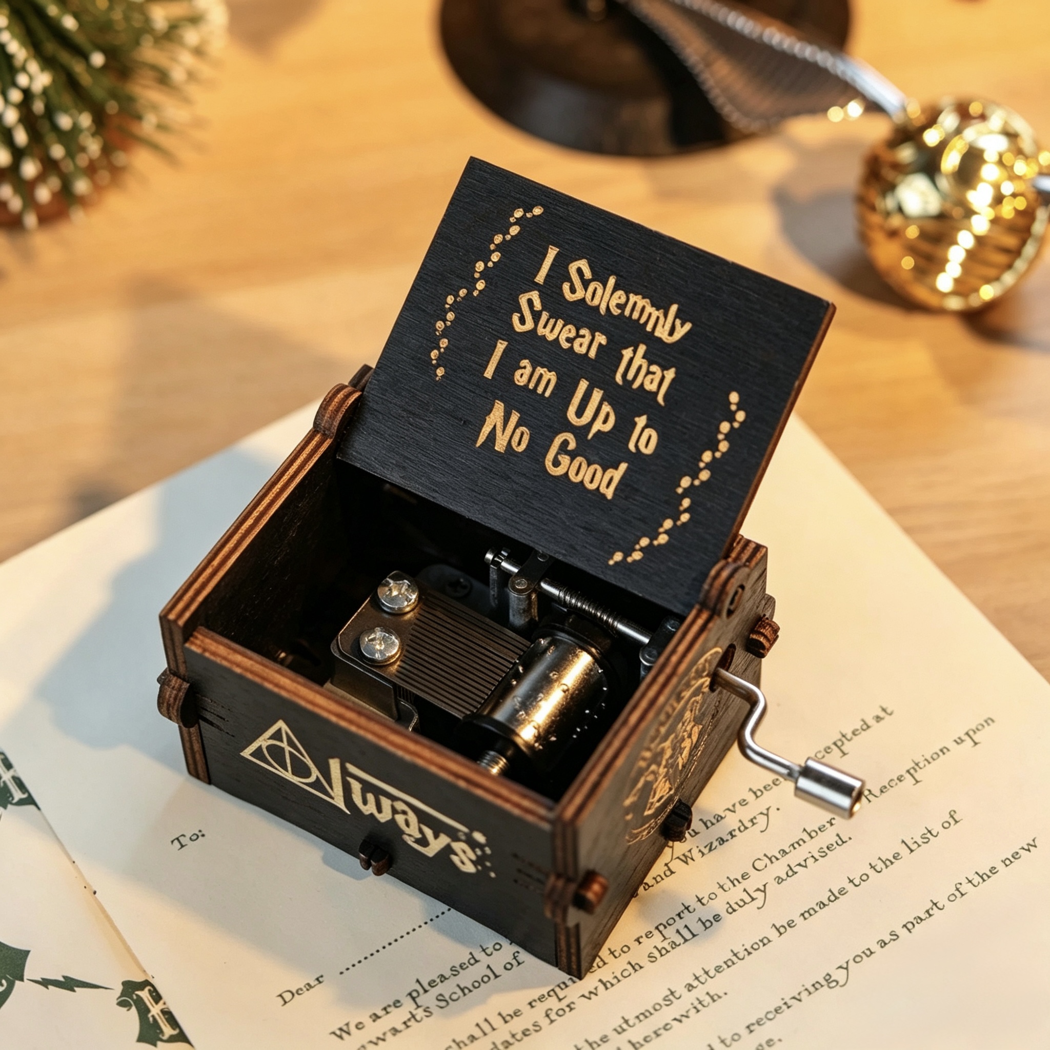 Harry Potter Hand Cranked Wooden Music Box, Classic Engraved Magical Themed Melody Box, Vintage Wood Musical Gift Box for Movie Fans Birthday Present