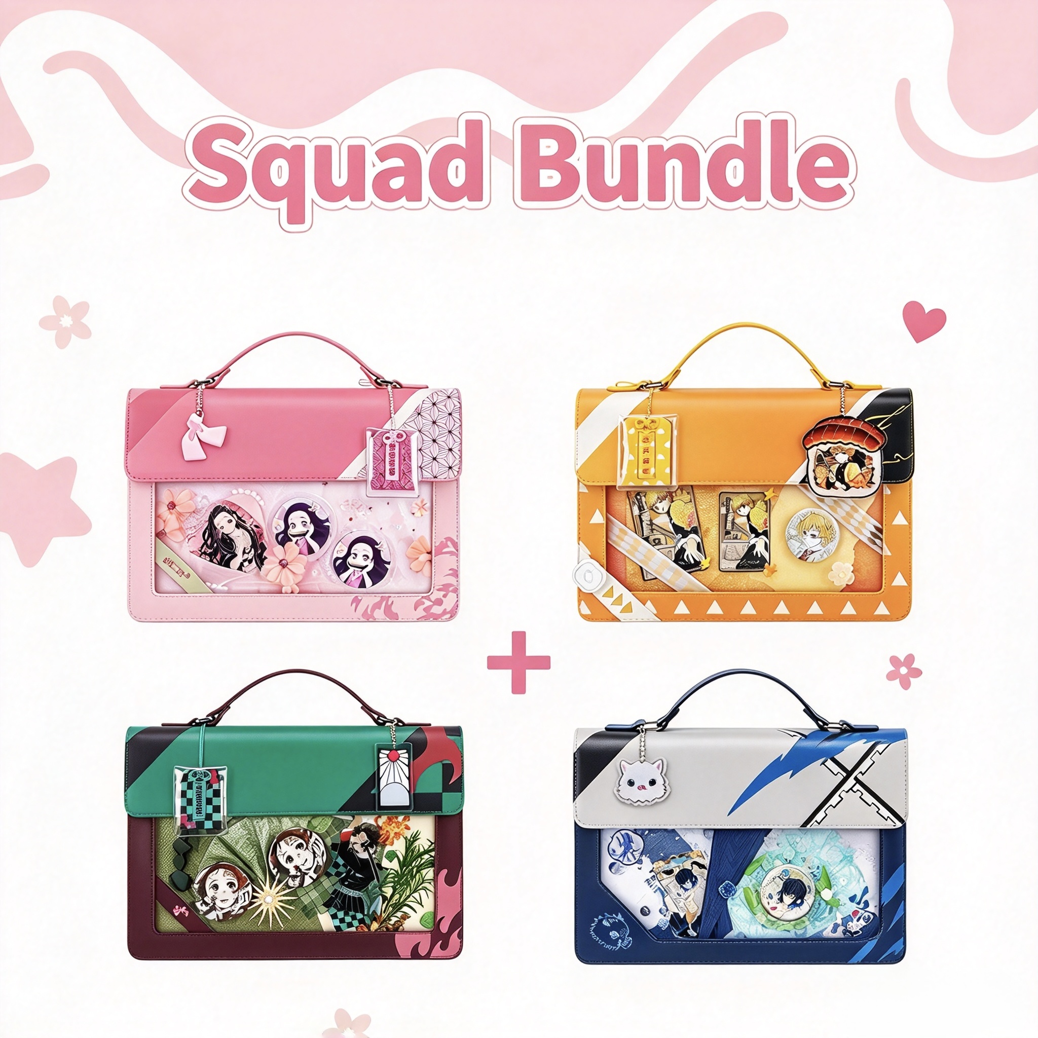 Demon Slayer Ita Bag 4 Styles Bundle, PU Leather Multi-purpose Itabag with Transparent Window, Handheld / Crossbody / Double Shoulder Bag, Anime Fans Collection Gift