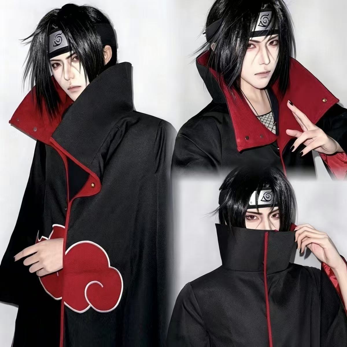 Naruto Tobi Uchiha Obito Cosplay Costume Set, Akatsuki Red Cloud Cloak + Obito Mask, Anime Ninja Outfit for Halloween Cosplay Party