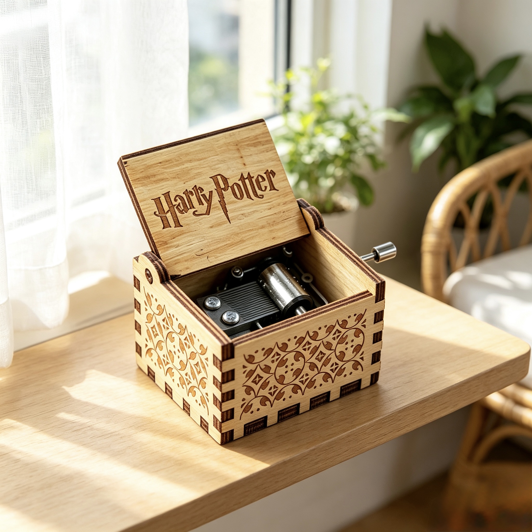 Harry Potter Hand Cranked Wooden Music Box, Classic Engraved Magical Themed Melody Box, Vintage Wood Musical Gift Box for Movie Fans Birthday Present