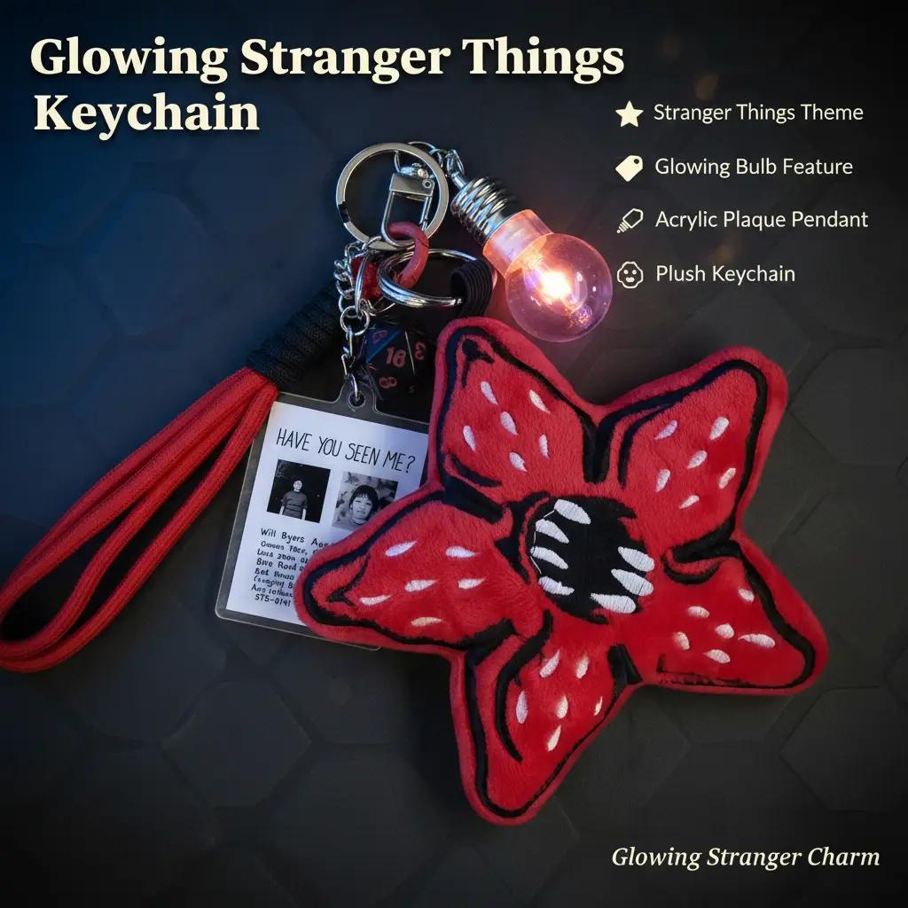 Stranger Things Plush Keychain, Demogorgon Star Flower Bag Charm With Glowing Light Bulb, D&D Dice & Will Byers Missing Card, Horror TV Show Merch Gift for Fans