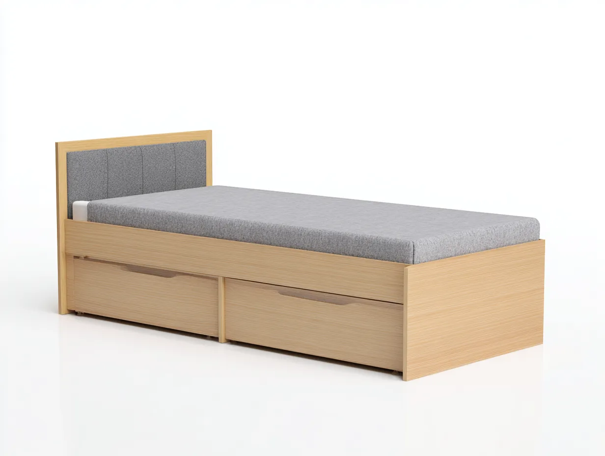 Cama individual madera con cajones y cabecero tapizado 200x90x95 cm - madera clara - gris claro - para dormitorio - diseño moderno-Bamboogoly