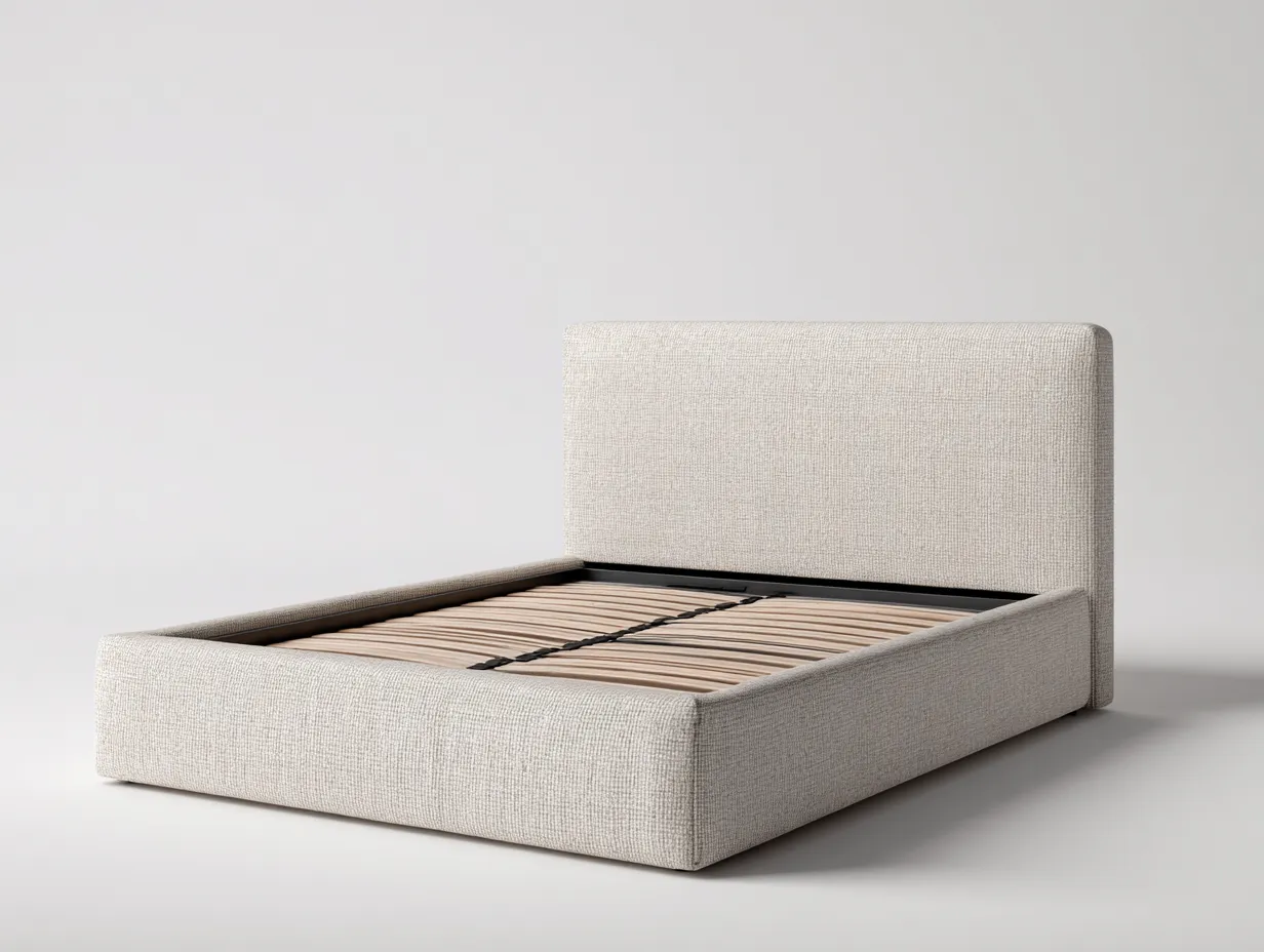 Cama doble tapizada con cabecero recto 200x180x105 cm - tejido beige - dormitorio - diseño minimalista-Bamboogoly