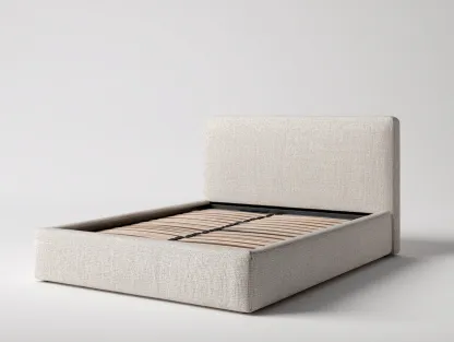 Cama doble tapizada con cabecero recto 200x180x105 cm - tejido beige - dormitorio - diseño minimalista-Bamboogoly