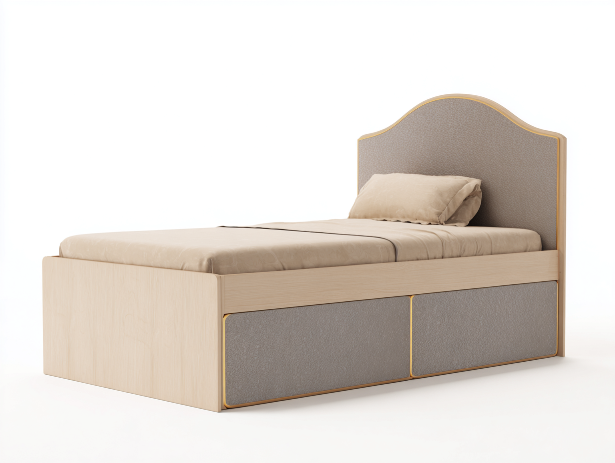 Cama individual madera con cajones y cabecero tapizado 200x90x105 cm - madera clara - gris claro - para dormitorio - diseño moderno-Bamboogoly