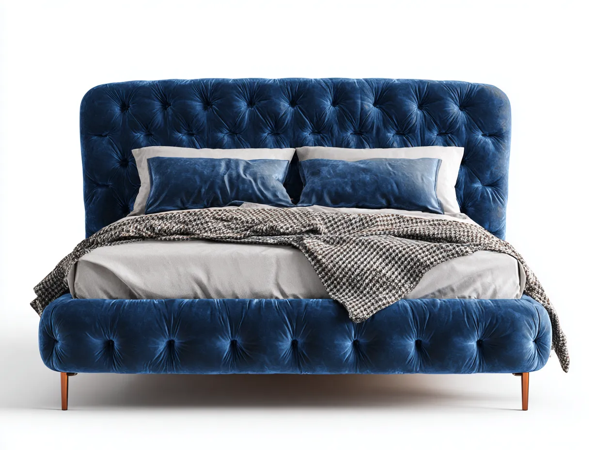 Letto matrimoniale - Tessuto velluto-Legno - 216x176x118 cm - Blu - Design elegante-Homiupbay