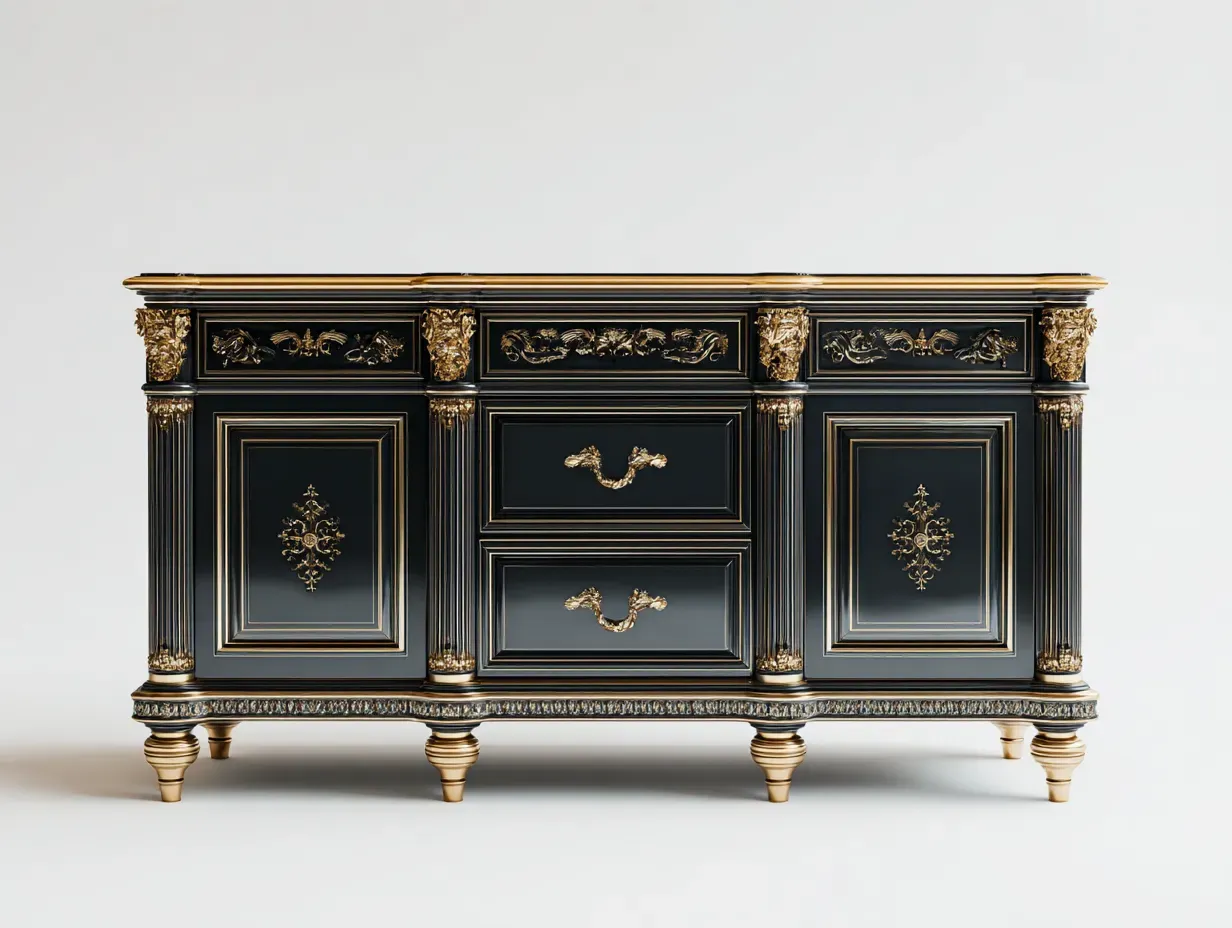 Mobile ingresso-Legno-MDF-Metallo-135x48x85 cm-Nero-Oro-Stile classico-Oakgetden