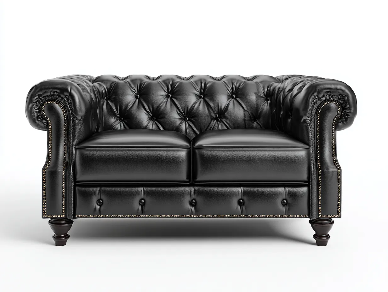 Divano a due posti-Pelle-Legno-178x94x84 cm-Nero-Stile classico capitonné-Oakgetden