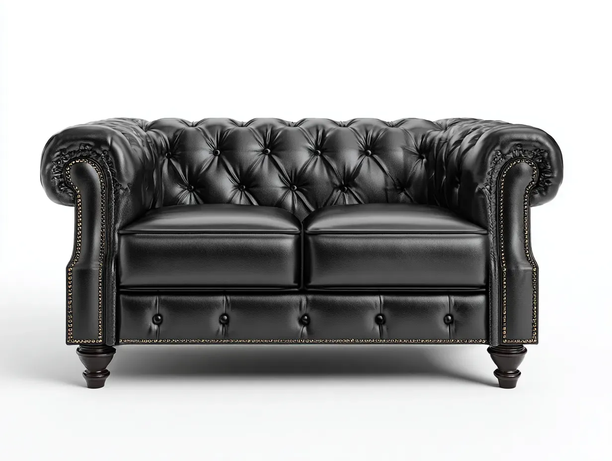 Divano a due posti-Pelle-Legno-178x94x84 cm-Nero-Stile classico capitonné-Oakgetden