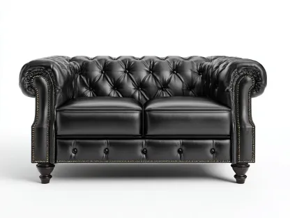 Divano a due posti-Pelle-Legno-178x94x84 cm-Nero-Stile classico capitonné-Oakgetden