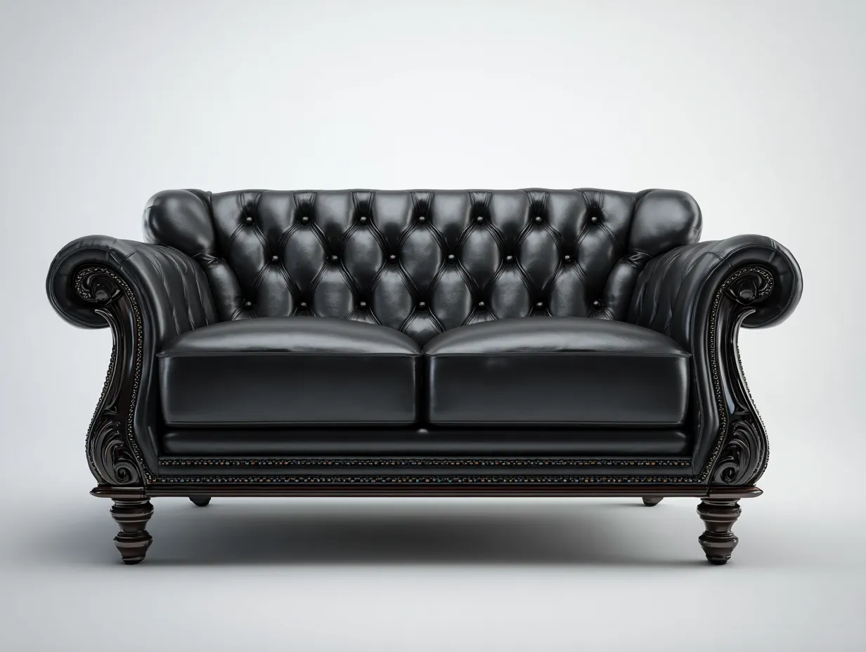 Divano a due posti-Pelle-Legno-182x92x86 cm-Nero-Stile classico capitonné-Oakgetden