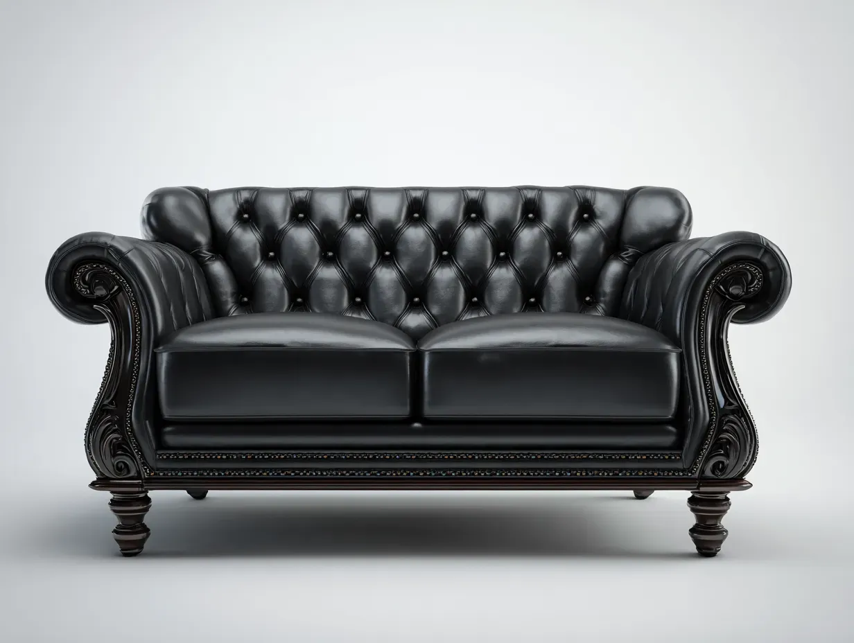 Divano a due posti-Pelle-Legno-182x92x86 cm-Nero-Stile classico capitonné-Oakgetden