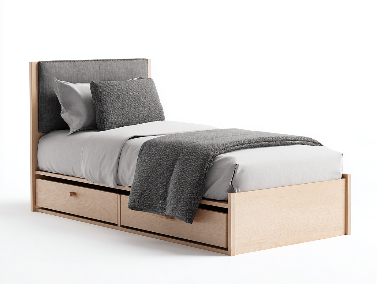 Einzelbett für Schlafzimmer Holz Stoffpolster 200x90x95 cm - Naturholz - Grau - modernes Design-Nestuppad