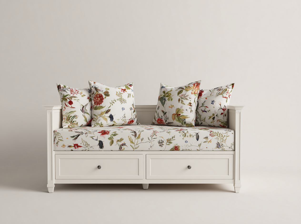 Canapé lit en bois avec revêtement textile 145x90x71 cm - blanc - design classique avec espace de rangement pour chambre-Roomgetnest